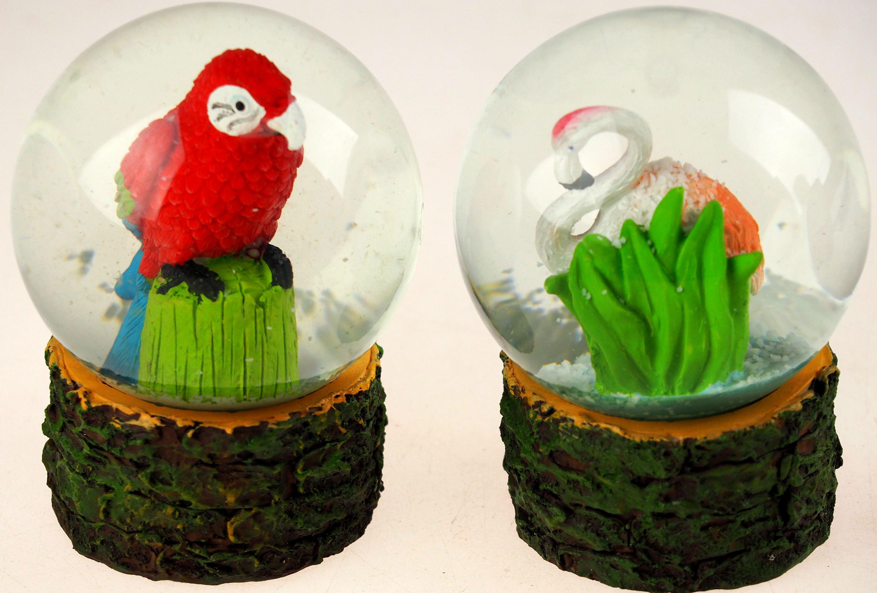 Tropical Bird 11cm Snow Globe Ornaments - Parrot Flamingo (Set of 2)