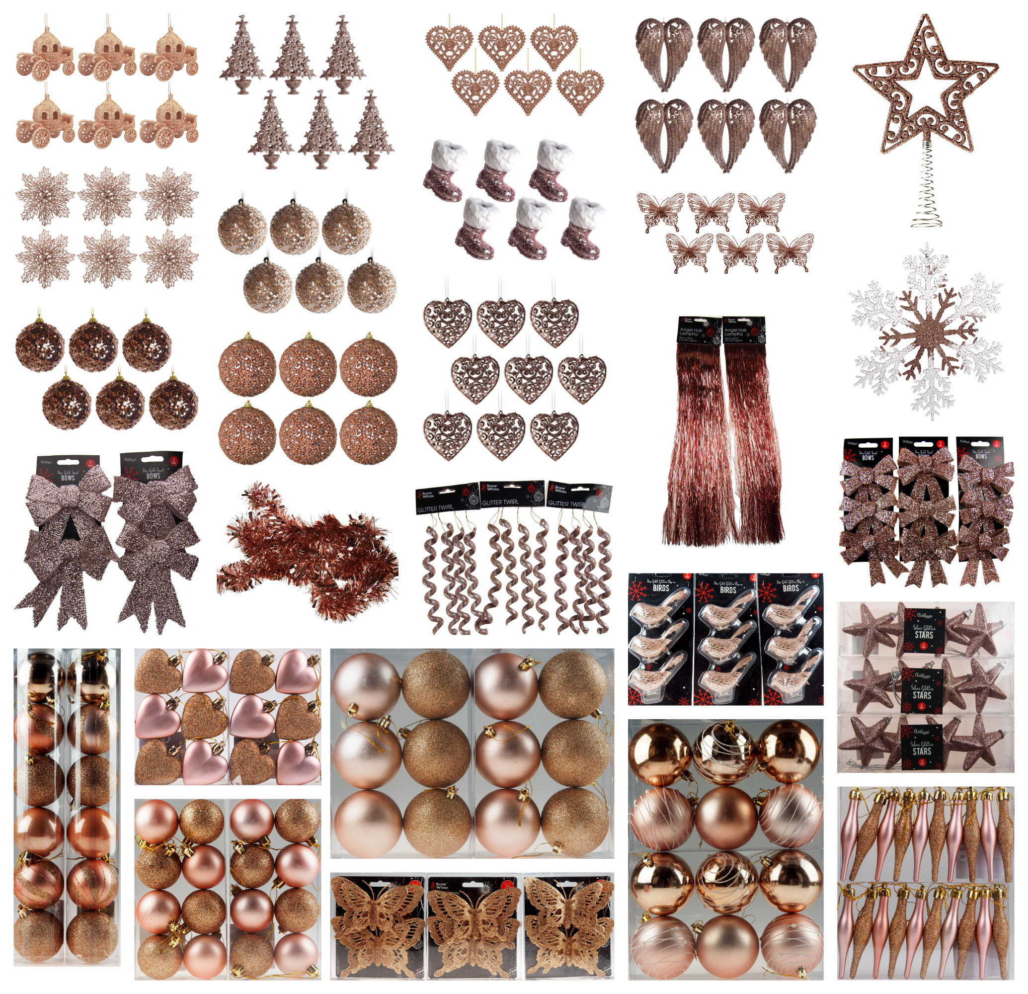 Rose Gold Glitter Christmas Tree Hanging Baubles - Large Choice of Styles