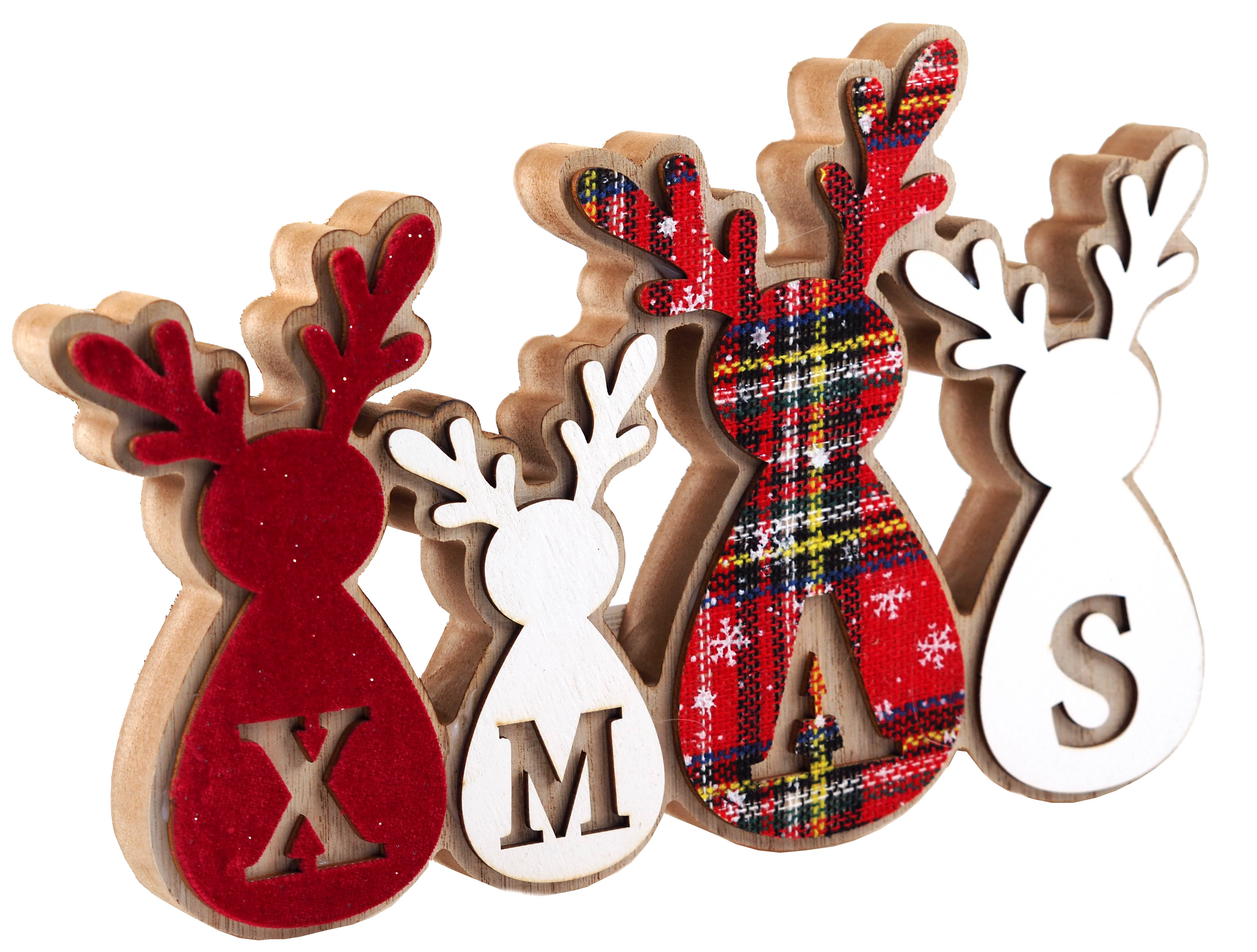 Christmas Reindeer Tartan Fabric Wooden Free Standing Ornament Decoration