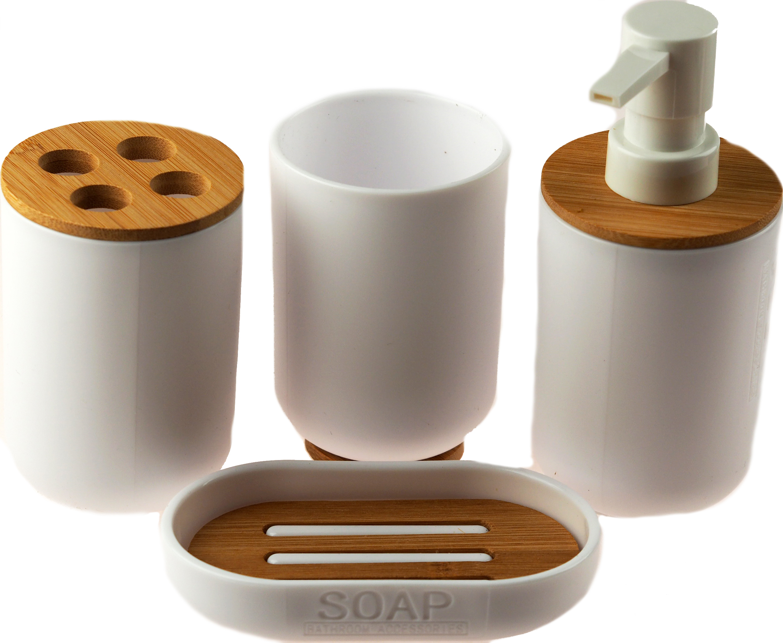 Complete 4 Piece White Bamboo Bathroom Set Soap Dispenser