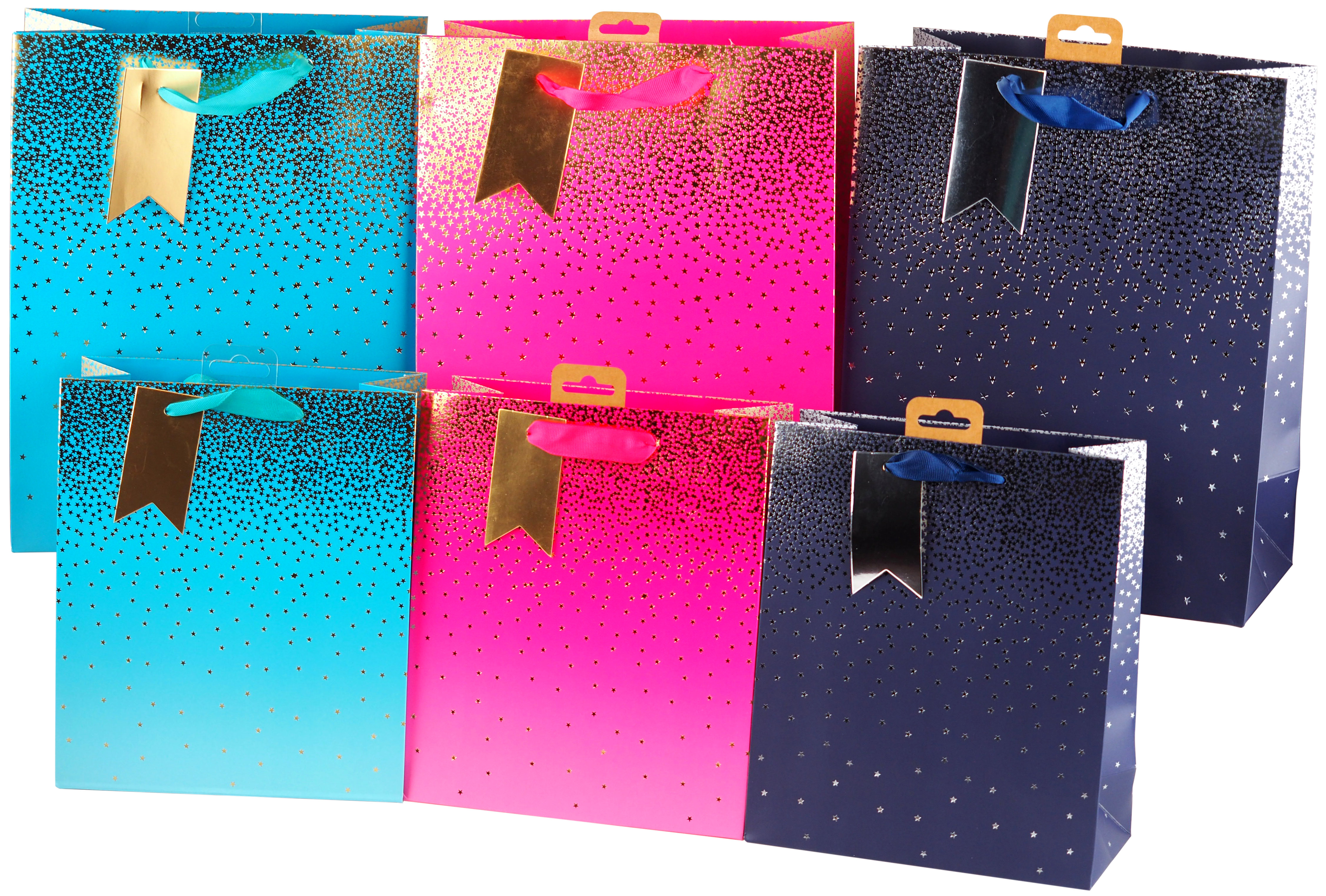 Blue Navy Pink Star Mixed Gift Bags - Large & Medium - Set of 6