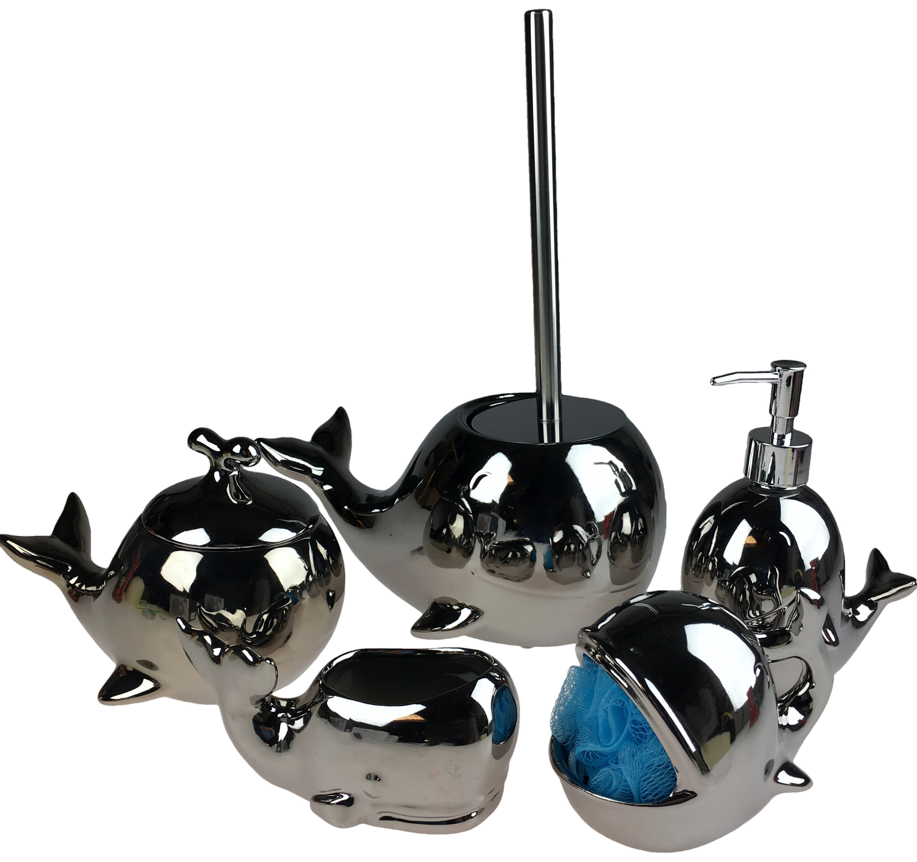 Toilet Brush and Holder Silver Chrome Whale Fish Ceramic Bathroom Nautical Se...