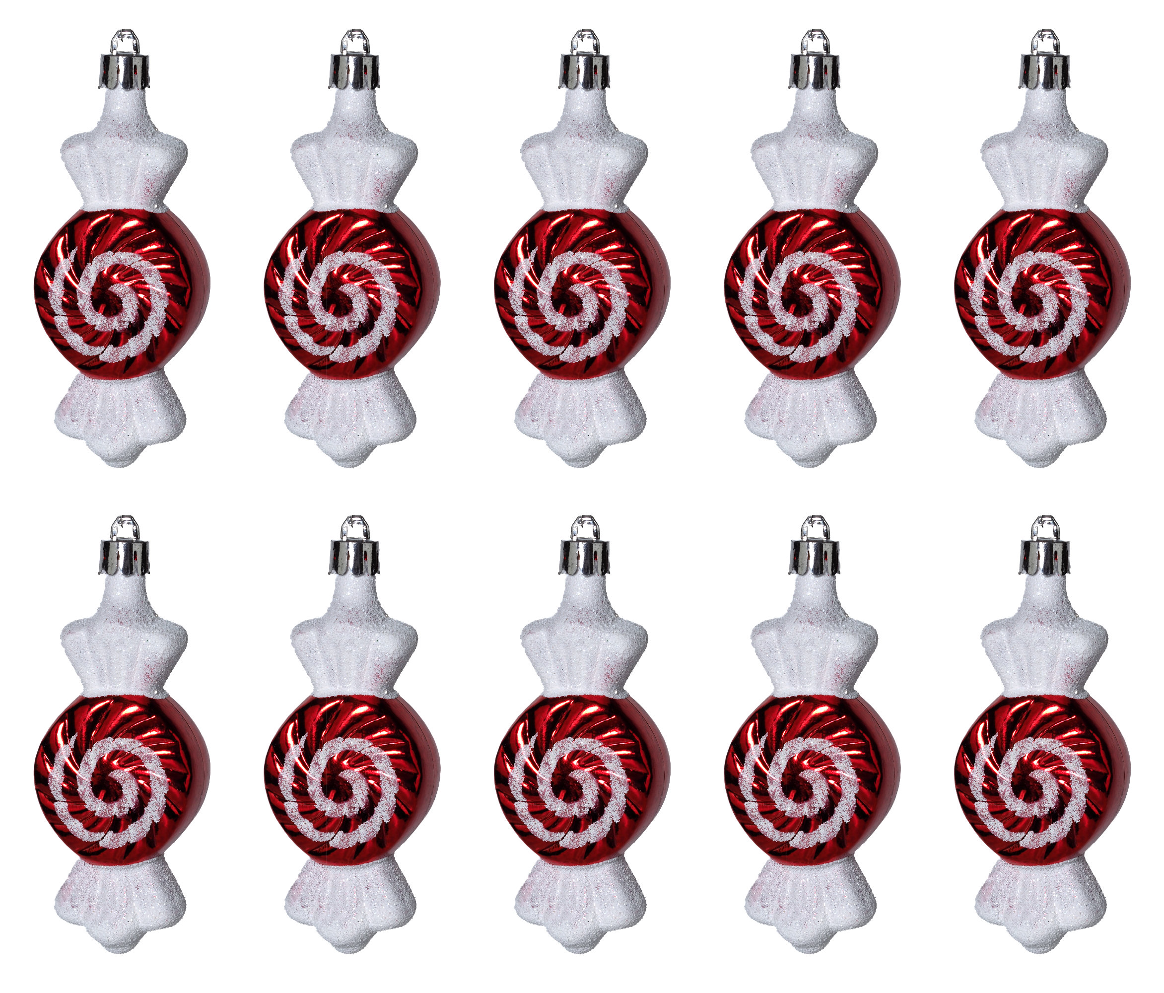 Sweet Christmas Tree Bauble Decorations - Red White Candy Cane Style - Set of 10