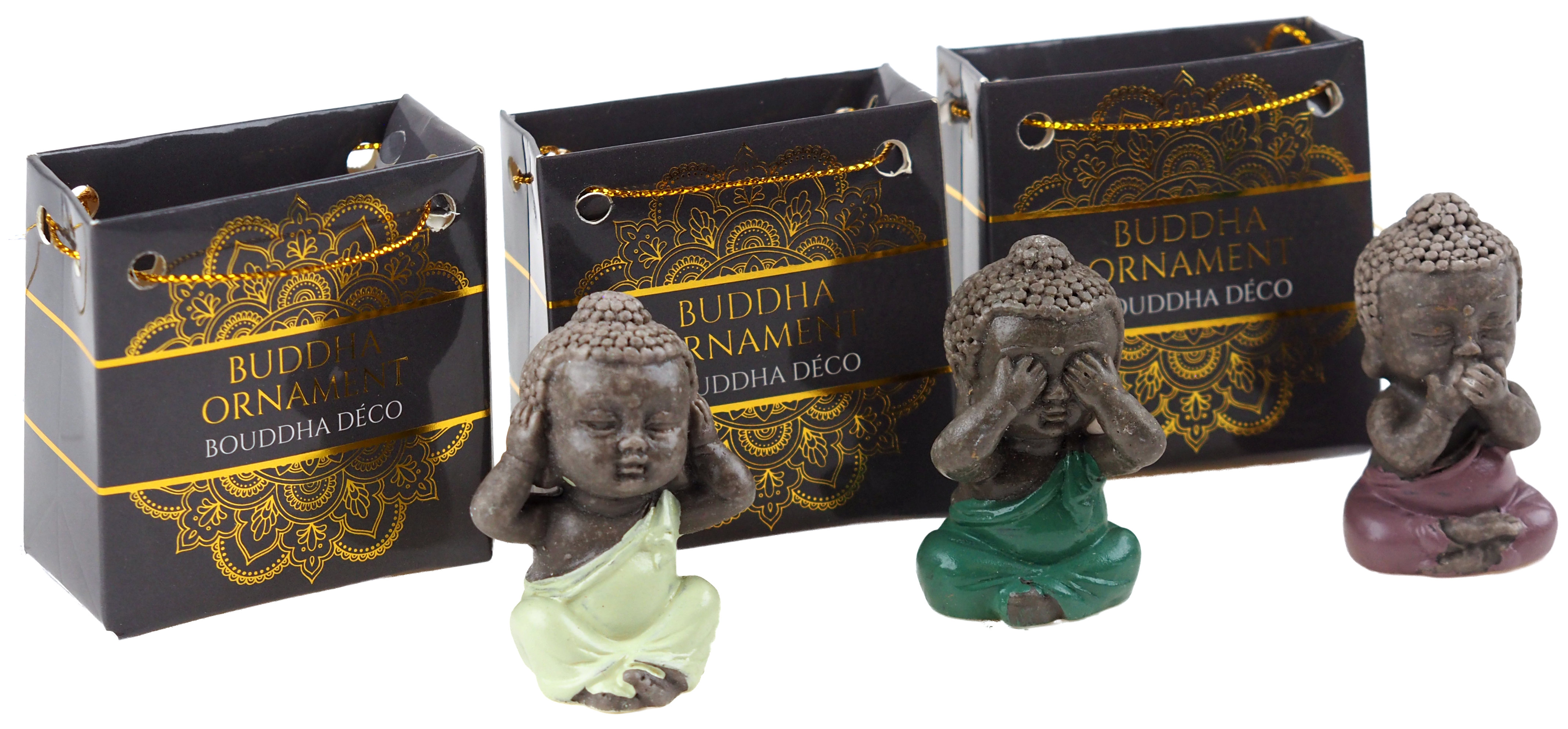 Lucky Mini Thai Buddha Keepsake Ornament In Bag See Speak Hear No Evil Set of 3 
