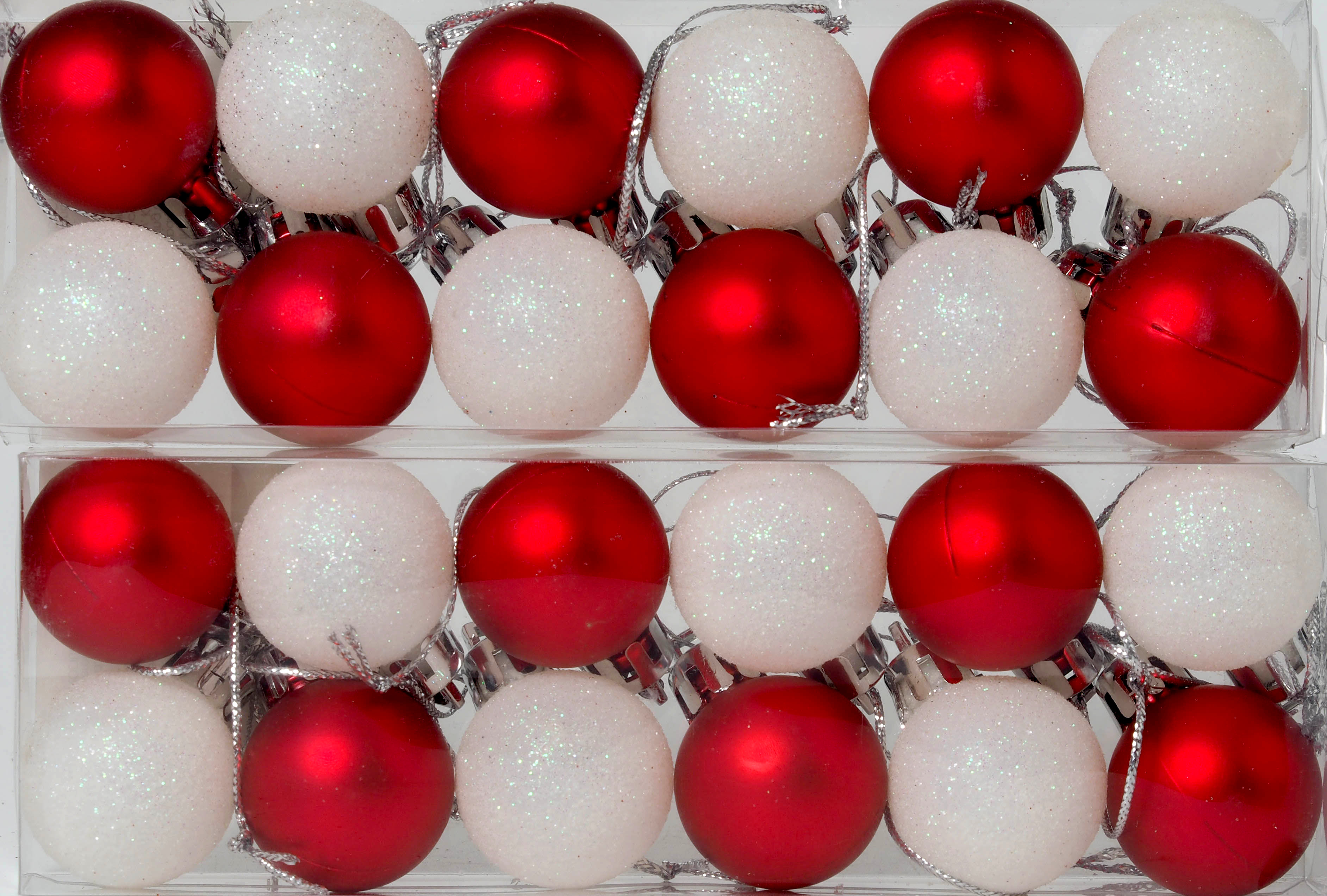 Mini Christmas Red White Glitter Tree Baubles Decorations - Set of 24