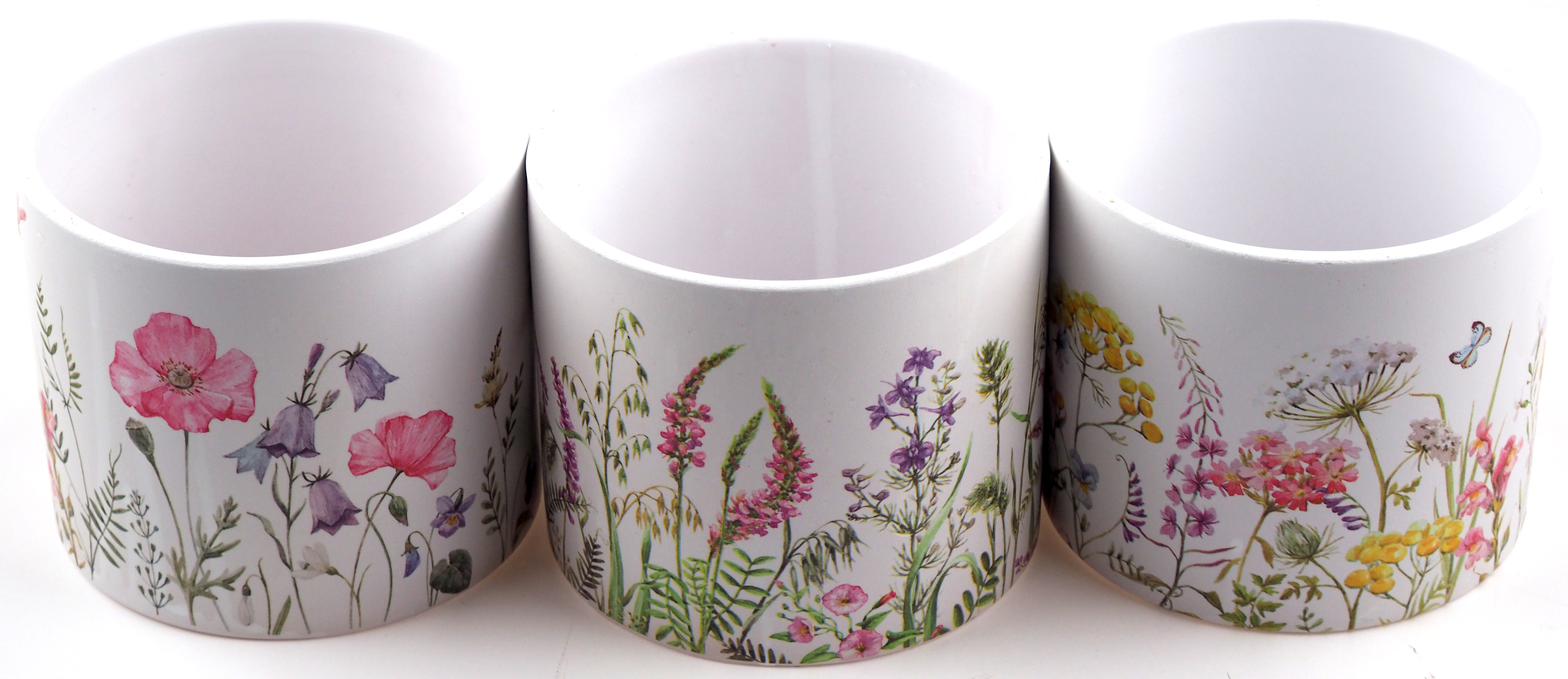 Soft White Pastel Wild Flowers Design Floral Plant Pots (Set of 3)