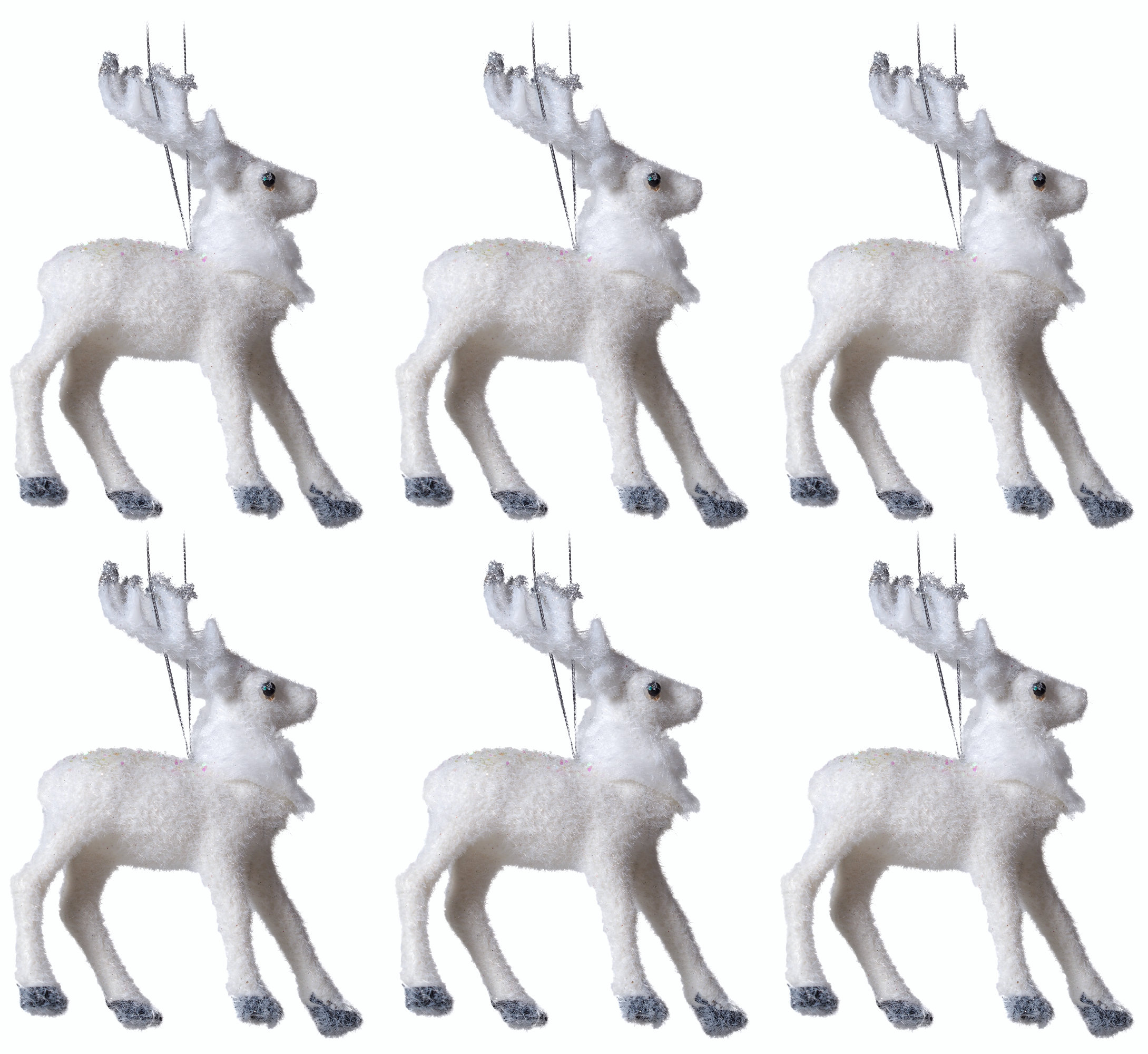 White Flock Reindeer Stag Christmas Tree Baubles Decorations (Set of 6)