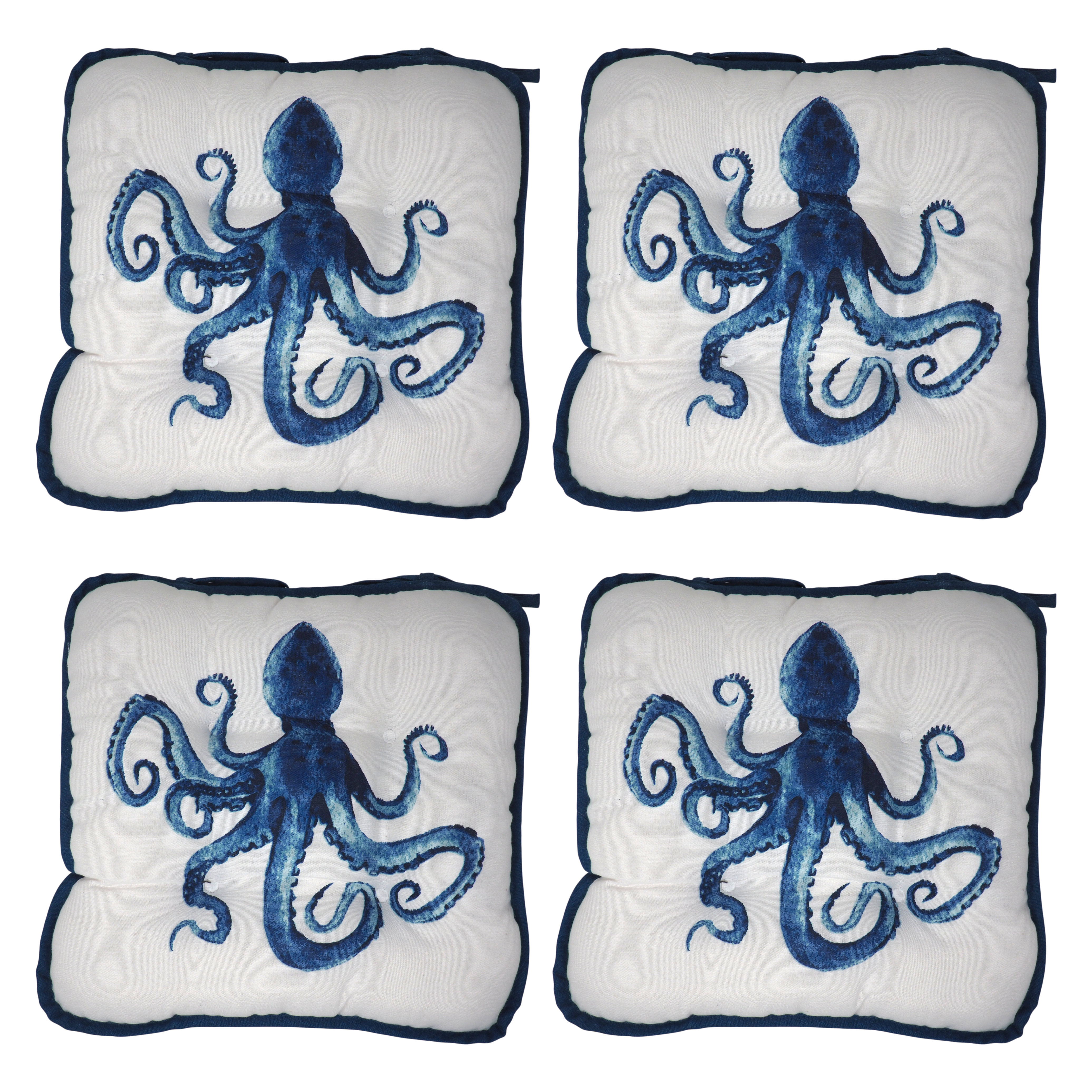 Nautical Octopus Chair Cushions - Reversible Tied Seat Pads - Set of 4