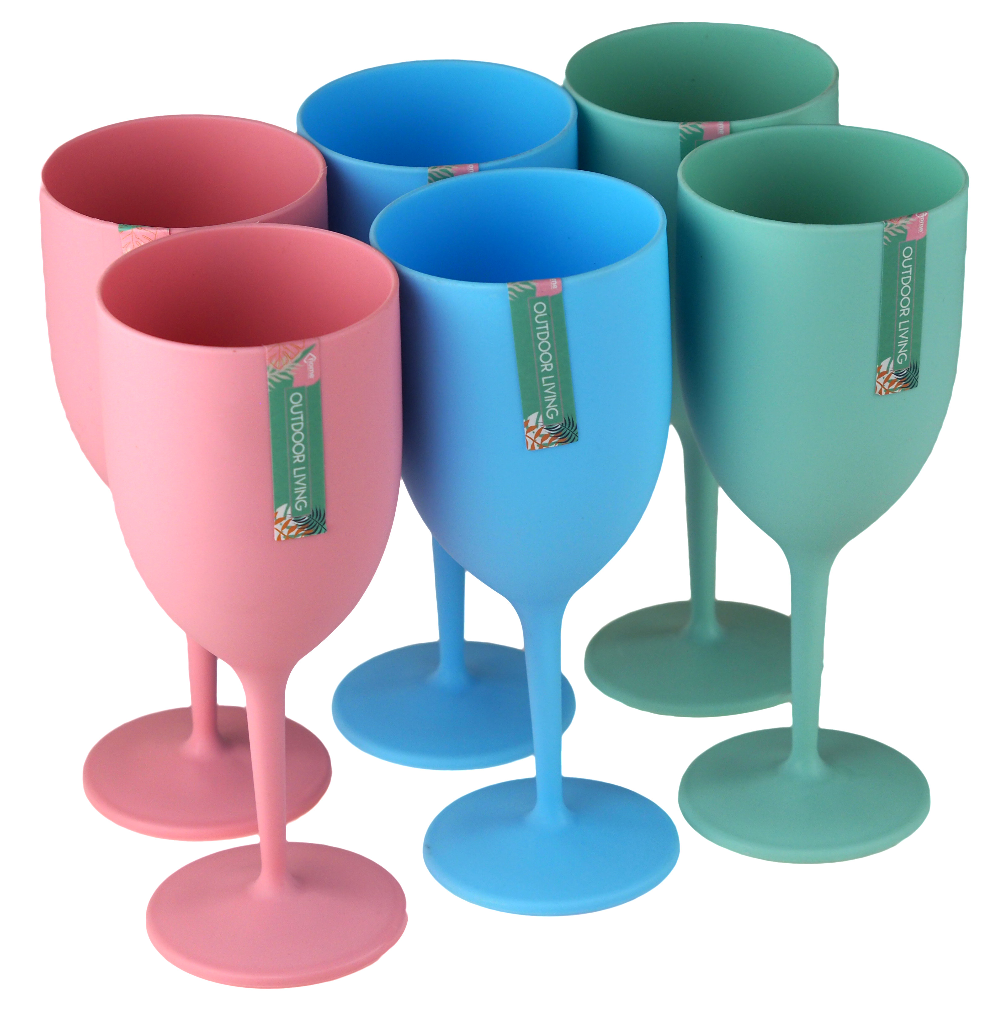 Plastic reusable Party Design Wine Glasses - Aqua, Blue, Pink - Set of 6