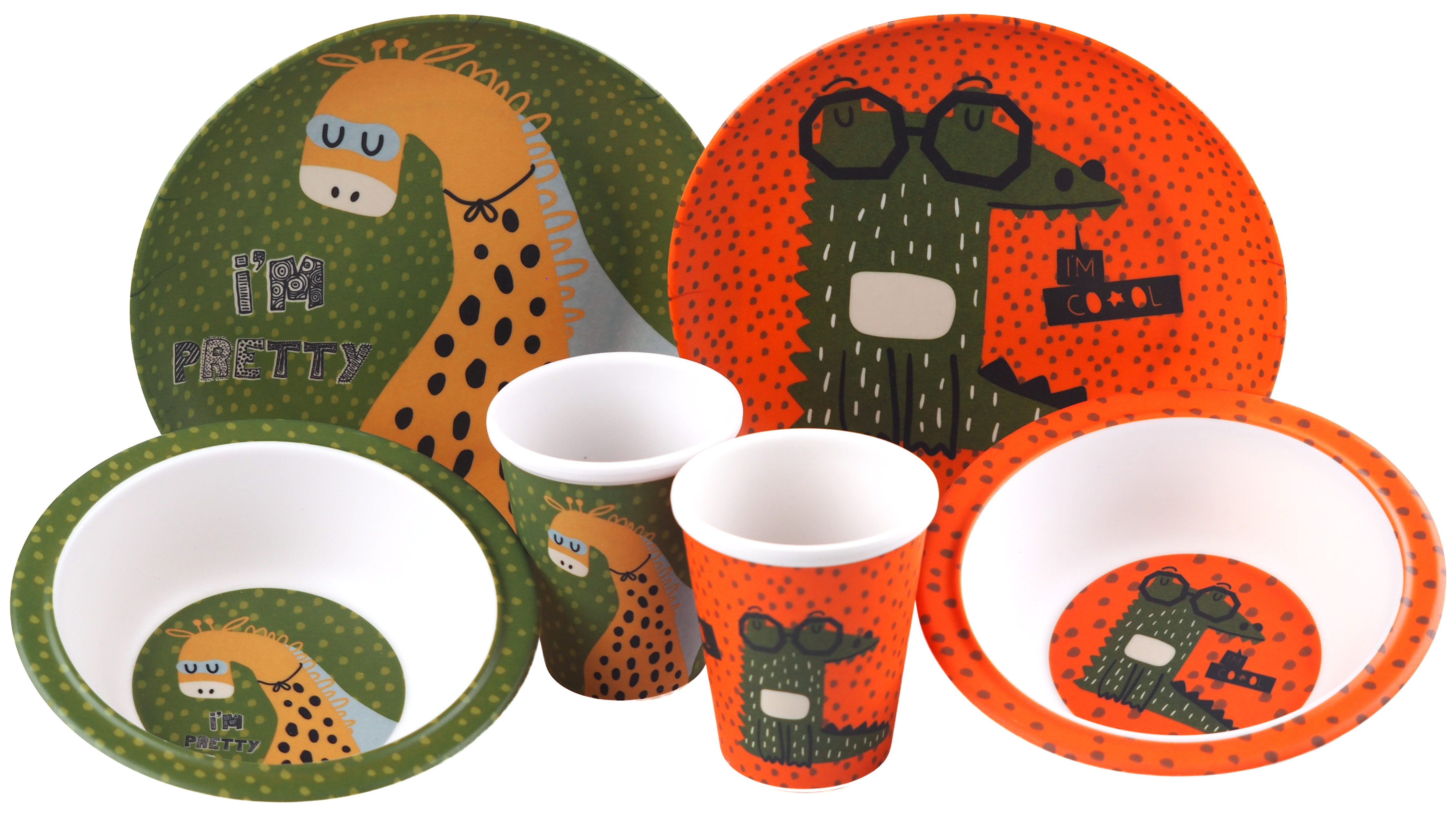 Kids Croc Giraffe 6 Piece Melamine Kids Breakfast Set - Plate Bowl, Cup