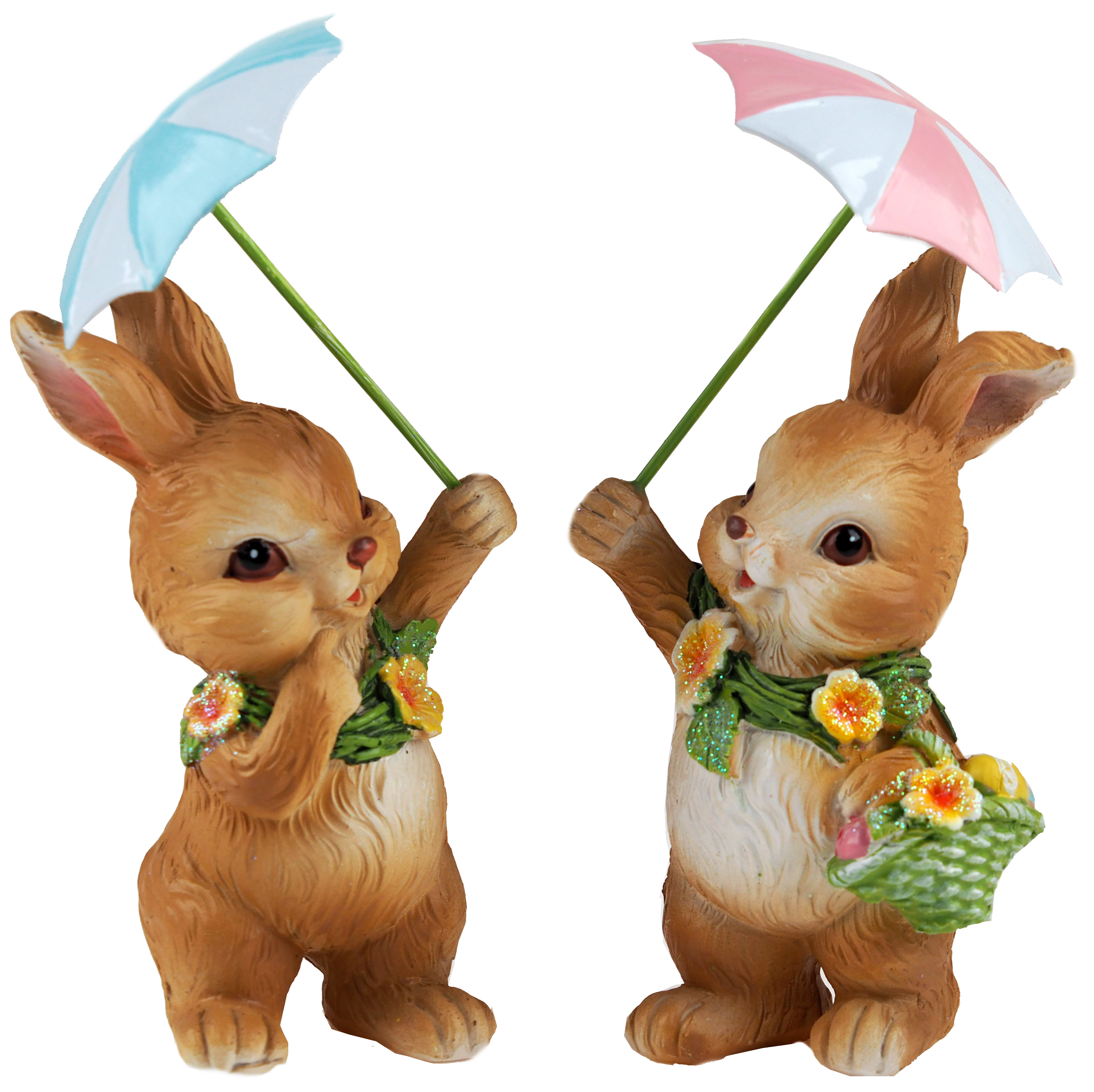 Bunny Rabbit With Umbrella Resin 18cm Kitsch Ornament Figurine (Set of 2)