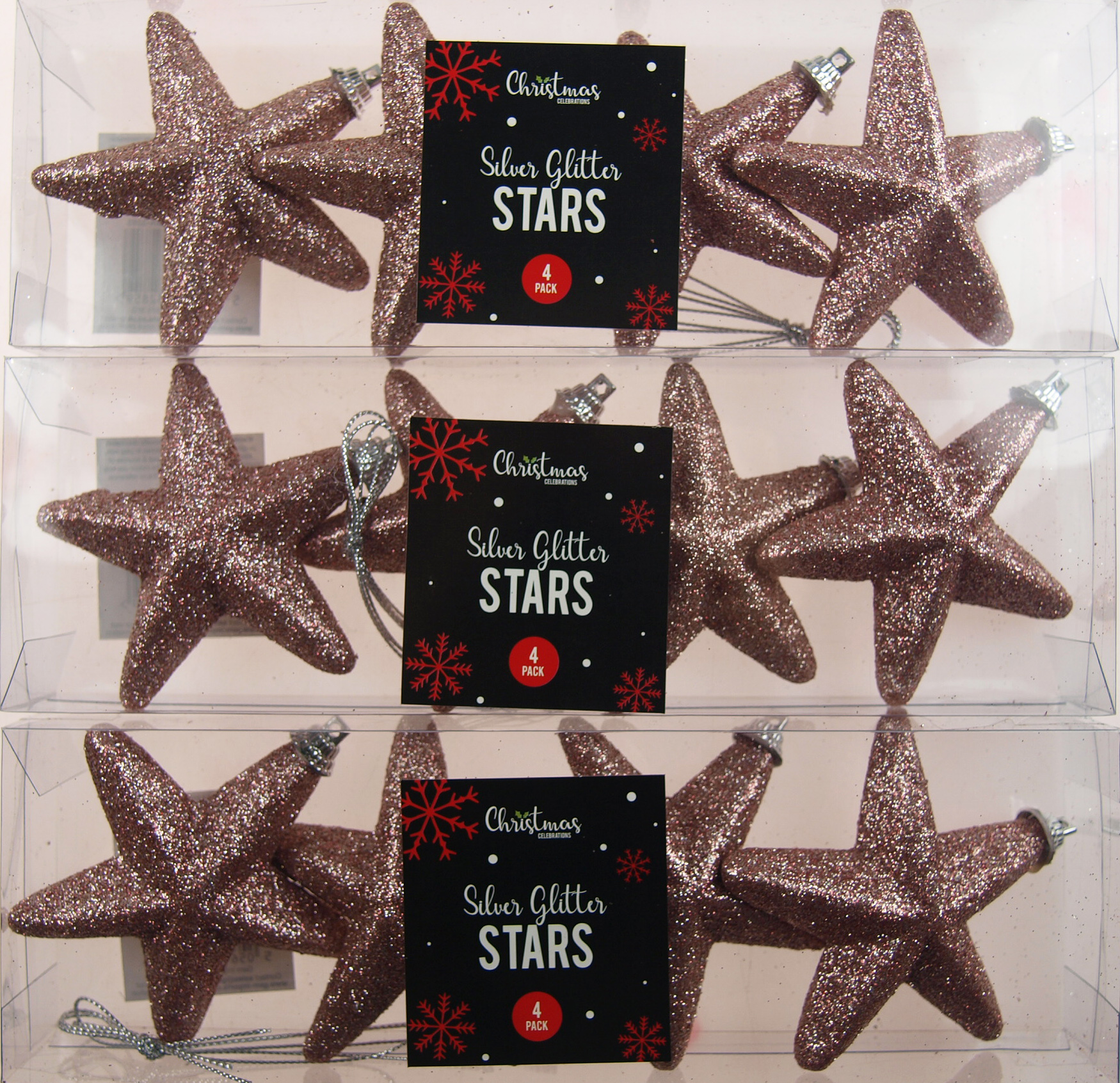 Rose Gold Glitter Star Baubles - Christmas Tree Decoration (Set of 12)