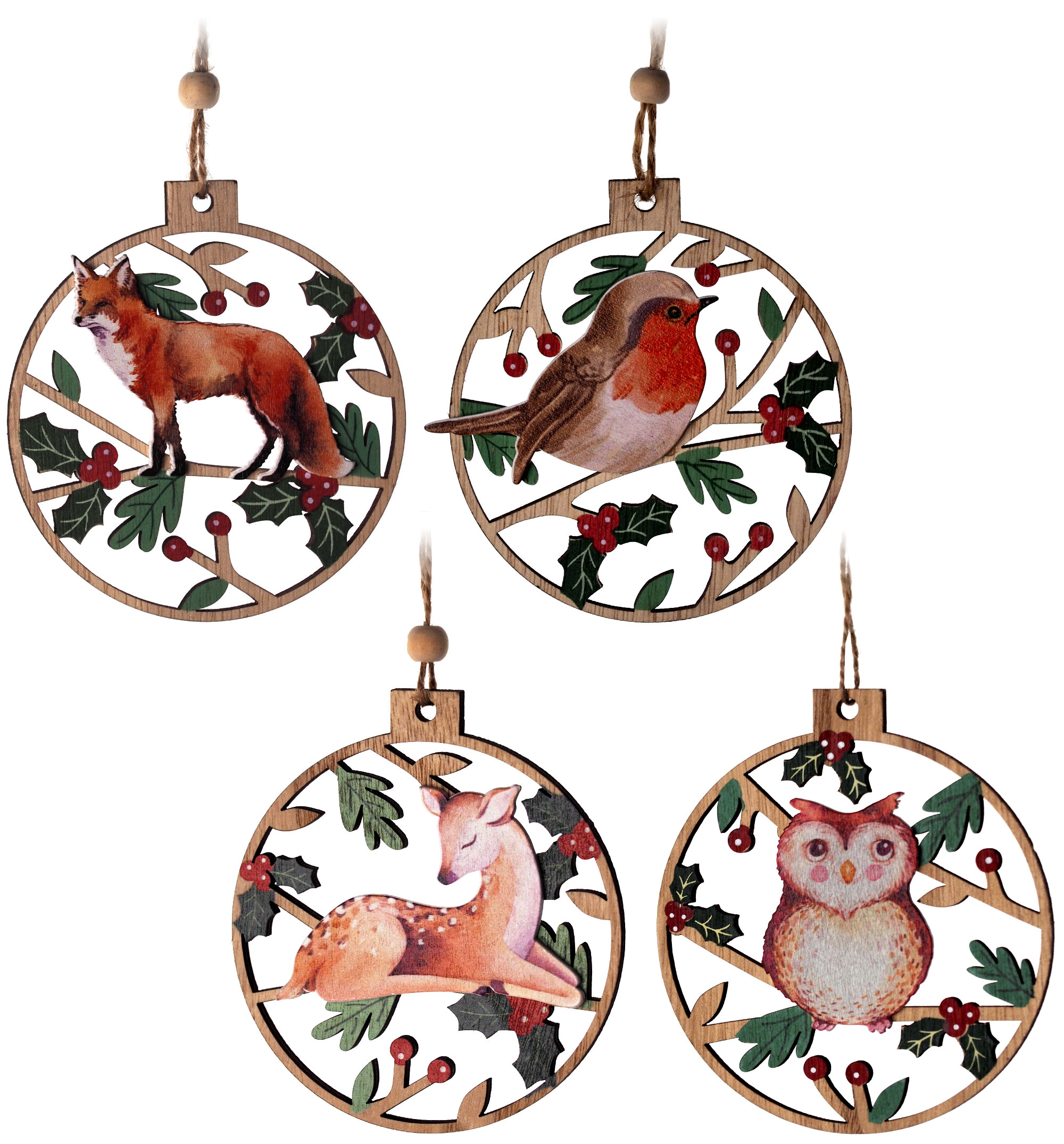Christmas Laser Cut Robin Fox Owl Deer Hanging Wooden Baubles (Set of 4)