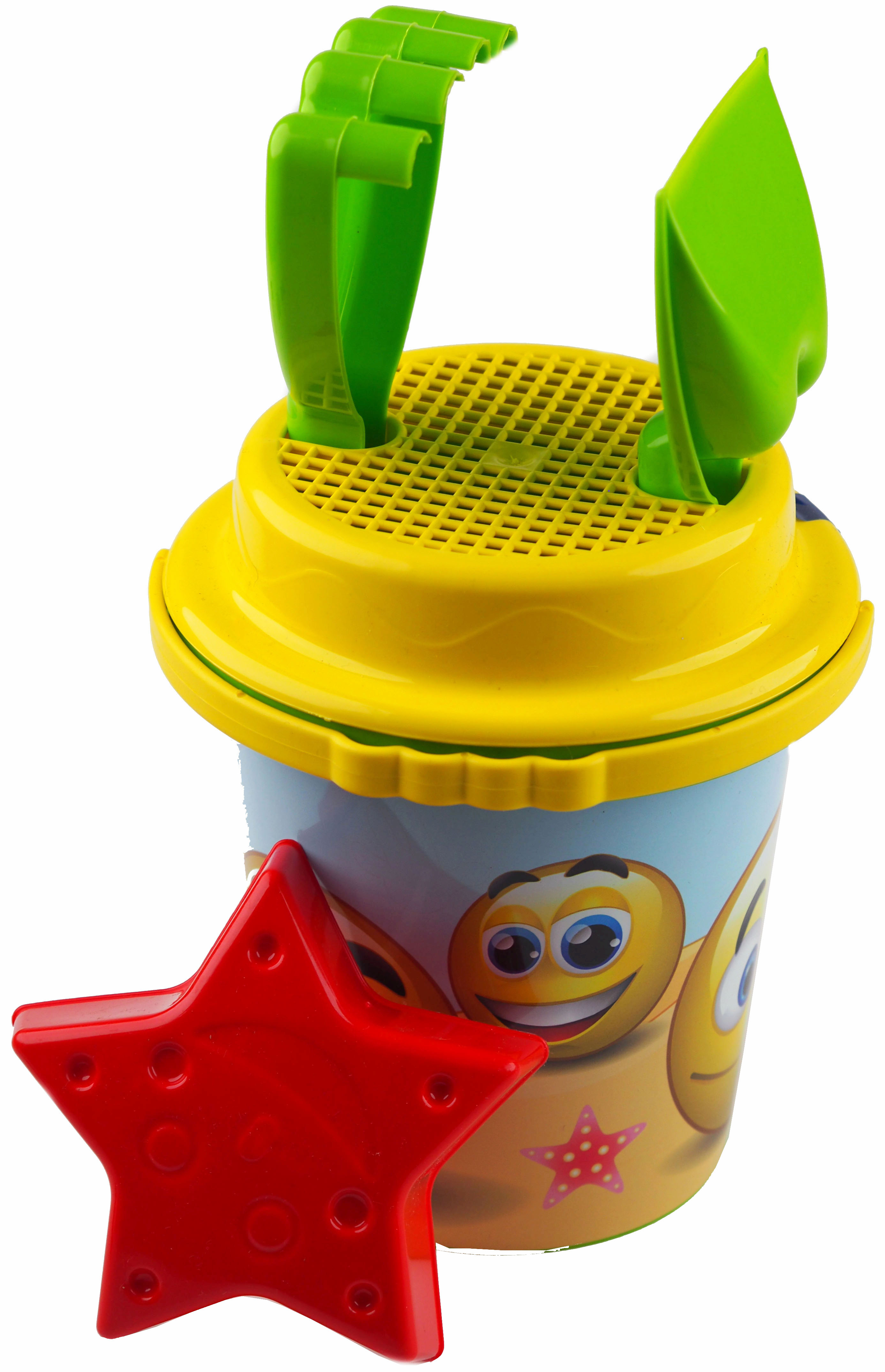 5 Piece Beach Bucket And Spade Happy Face Design - With Rake Sieve And Mould