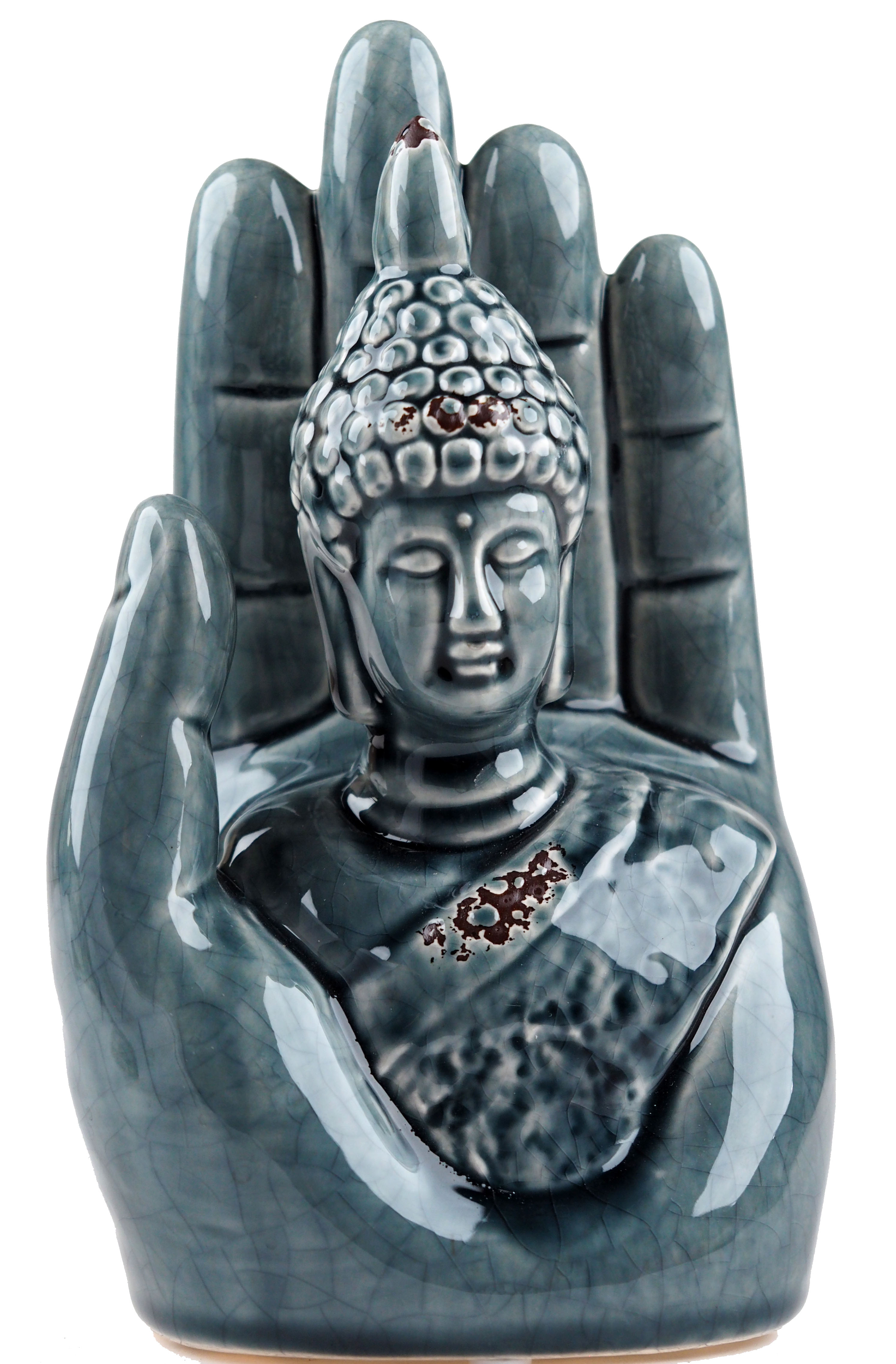 Thai Buddha 18cm Hand Ornament - Distressed Grey Blue Glaze
