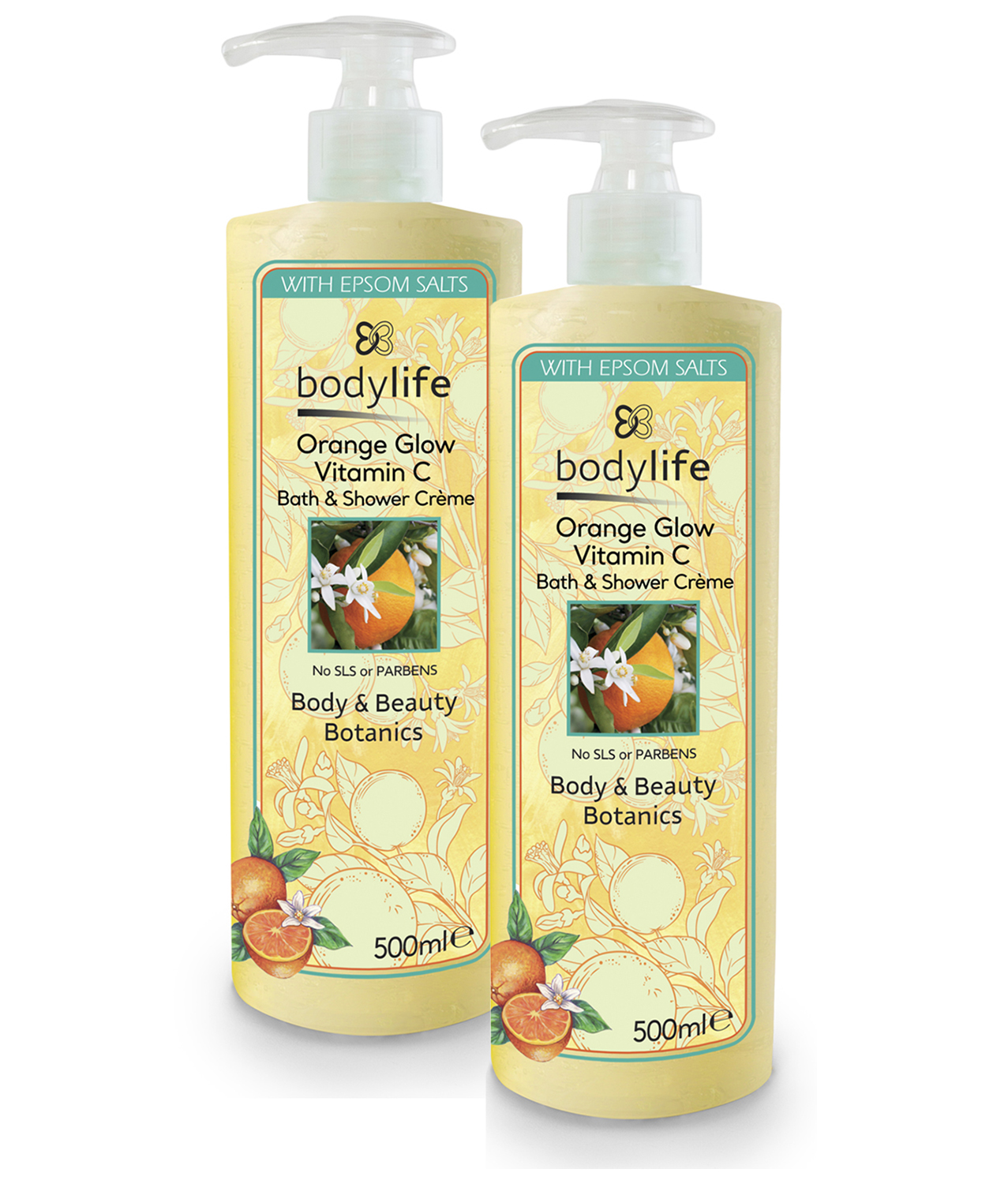 Bodylife Body Wash Epsom salts Vitamin C Shower Creme Orange Glow 500ml Duo 