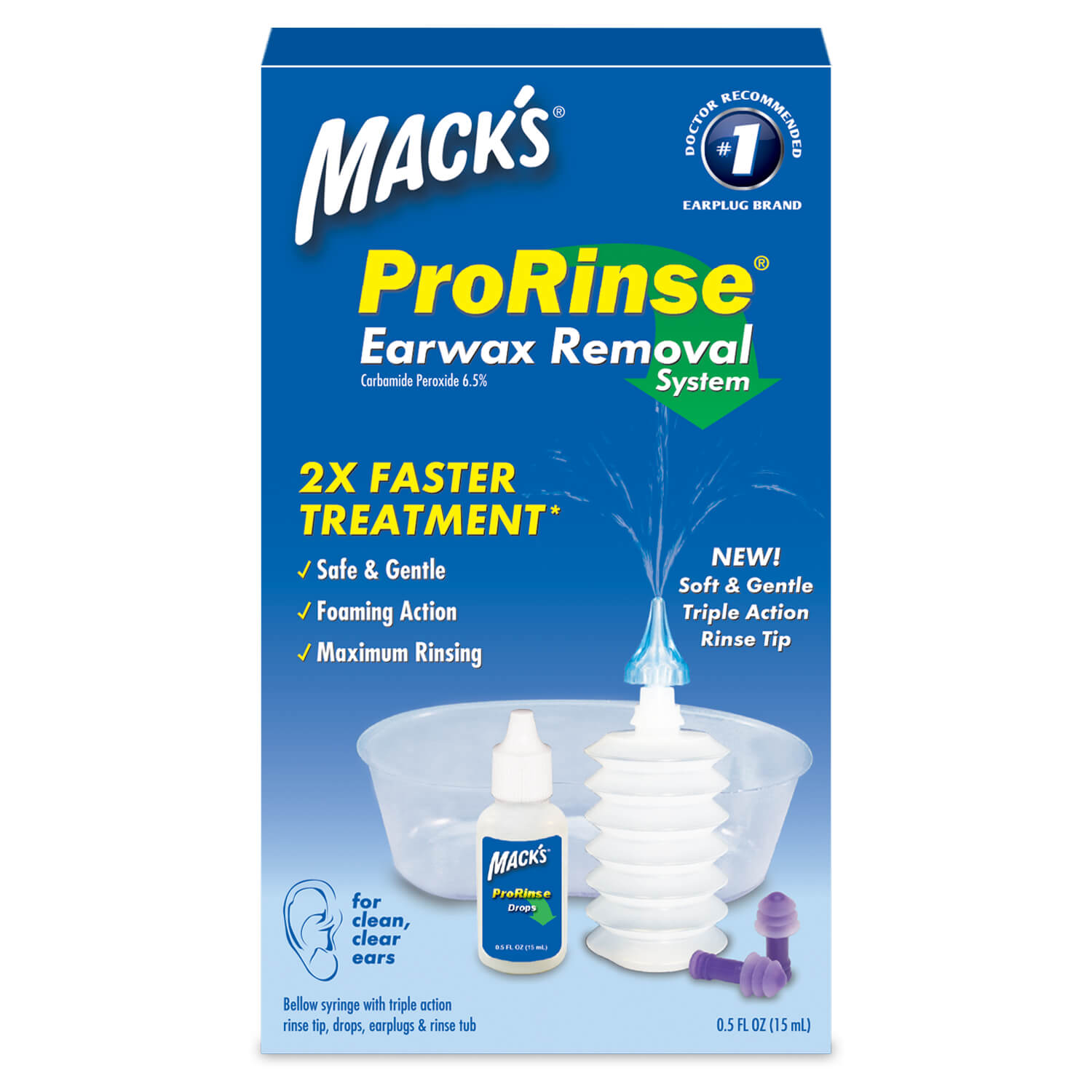 Macks Prorinse Ear wax Removal Kit (Ear Drops Rinse Tub Ear Plugs & Ear