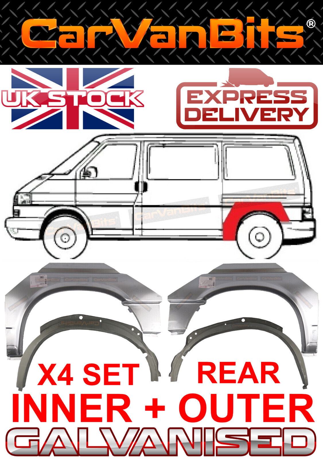 FOR VW TRANSPORTER T4 90-03 INNER AND OUTER REAR WHEEL ARCH REPAIR BODY PANEL X4