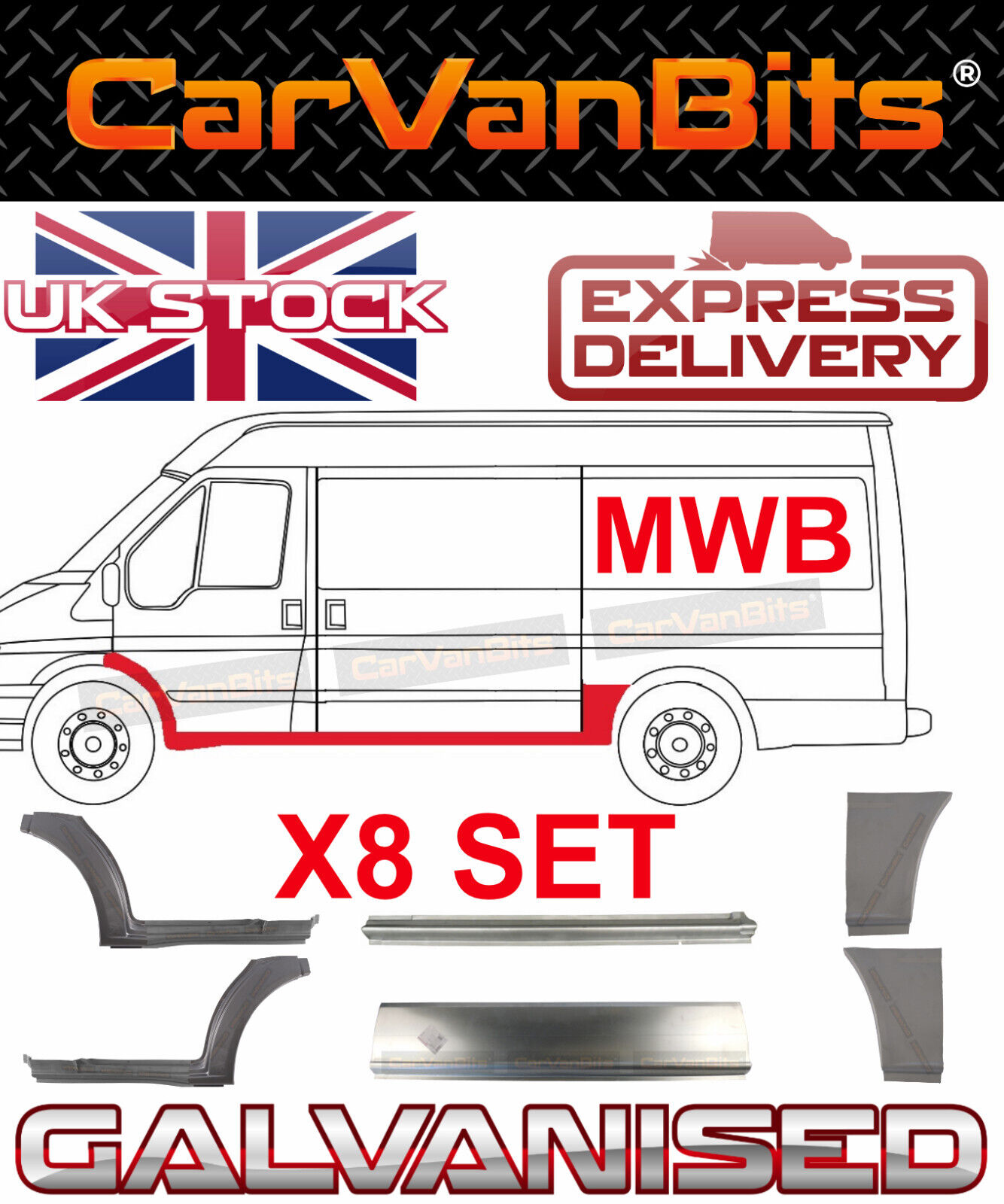 FOR FORD TRANSIT MWB 00-14 MK6 MK7 REAR WHEEL ARCH SIDE DOOR REPAIR PANEL SET 8