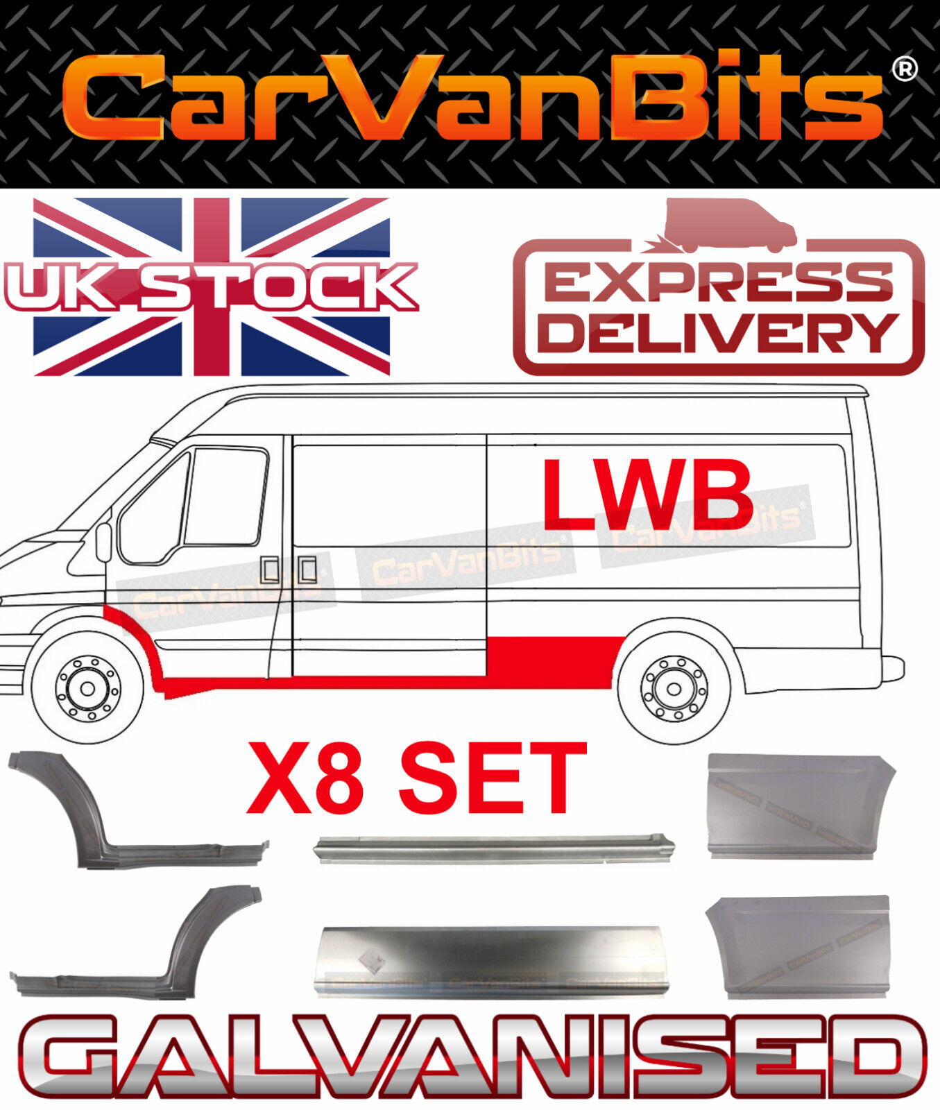 FOR FORD TRANSIT LWB 00-14 MK6 MK7 REAR WHEEL ARCH SIDE DOOR REPAIR PANEL SET X8
