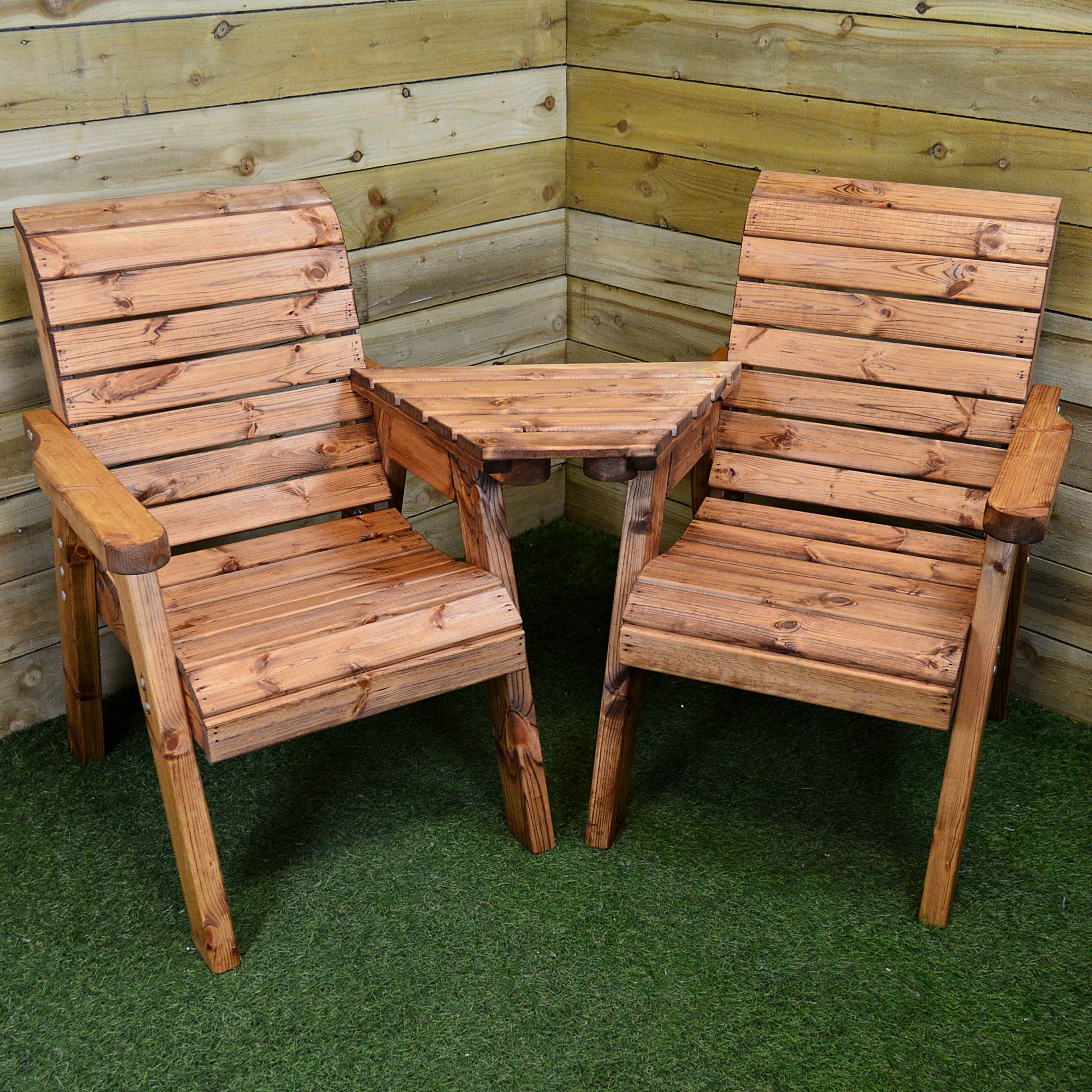 2 Seater Chunky Rustic Wooden Garden Furniture Love Seat with Tray