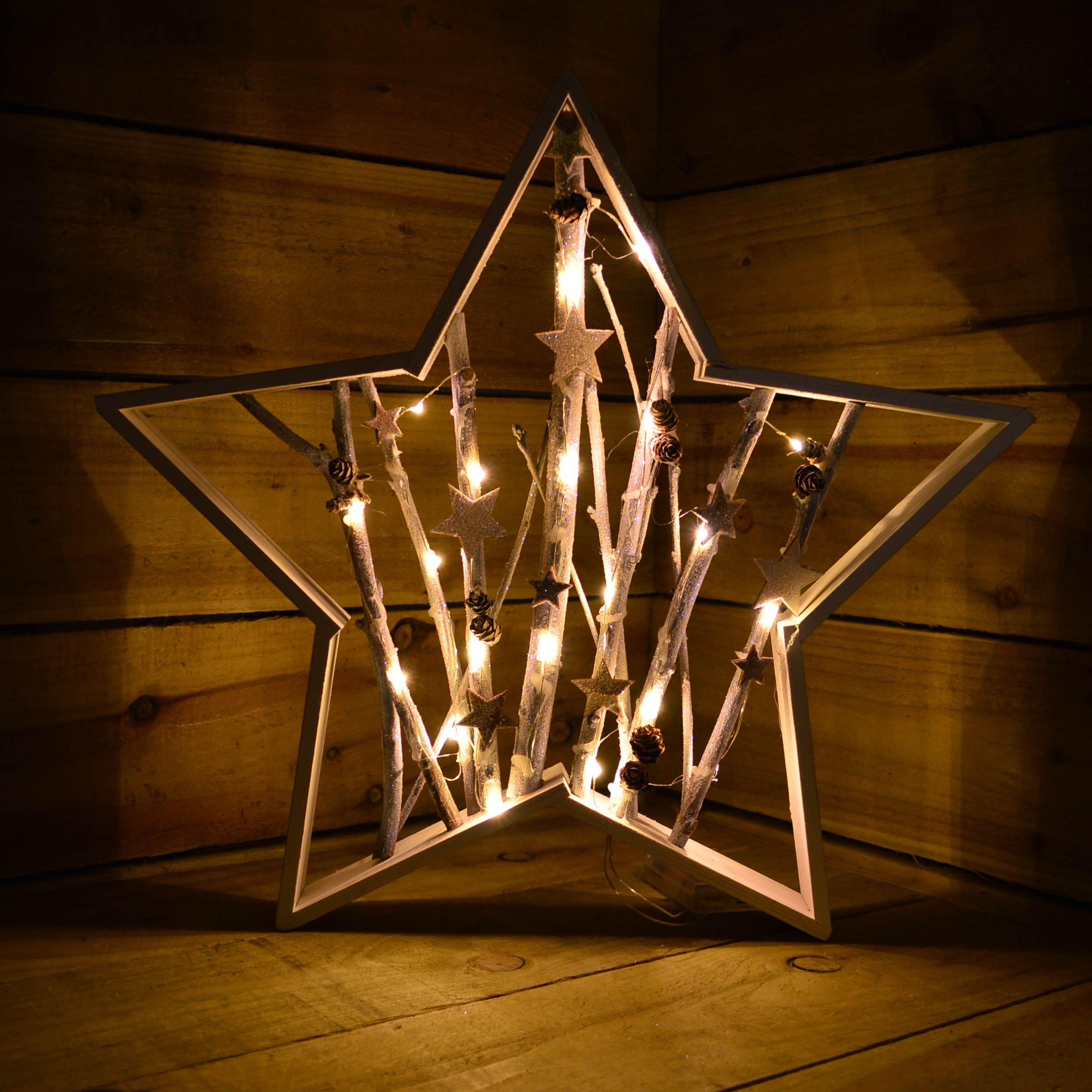 39cm Battery Operated White LED Pin Lit Christmas Festive Star With Pinecones