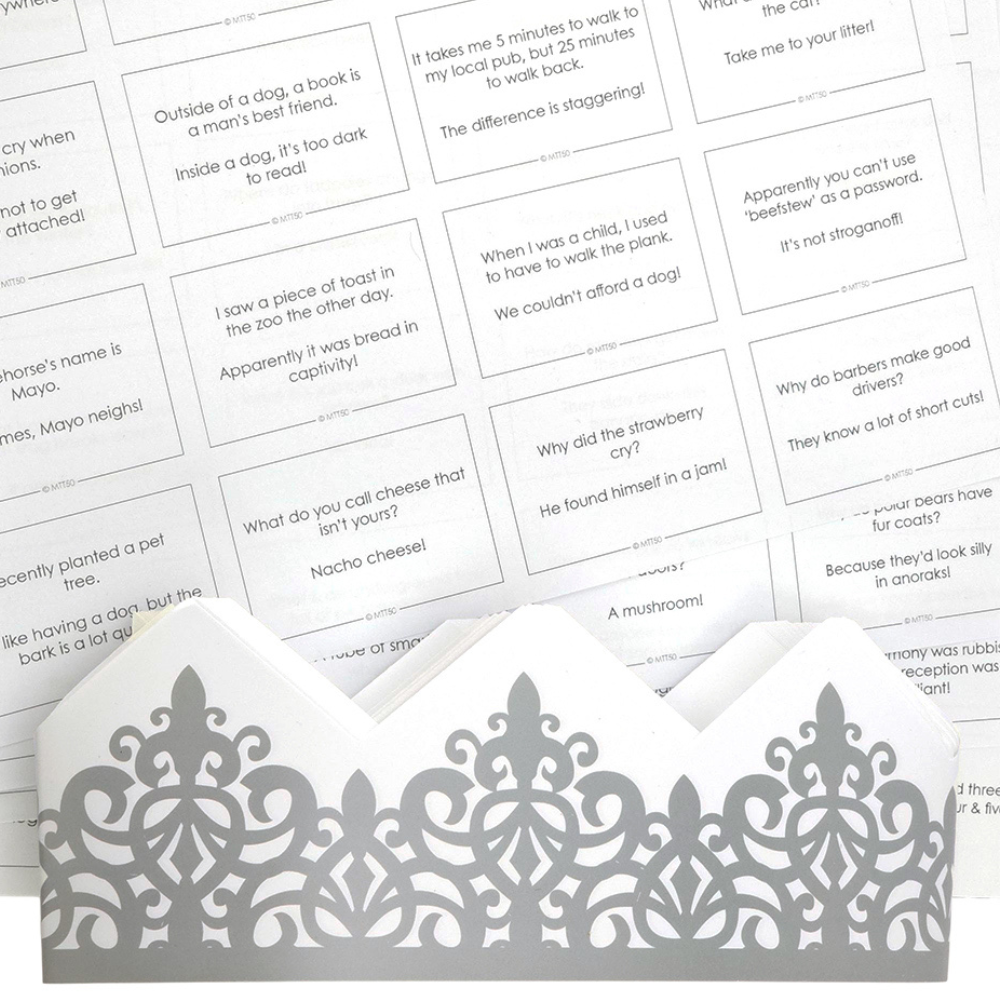 Silver Adjustable Paper Hats, Jokes & Optional Snaps DIY Cracker Accessory Pack - Picture 5 of 7