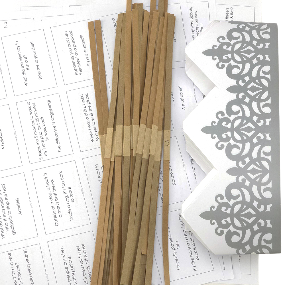 Silver Adjustable Paper Hats, Jokes & Optional Snaps DIY Cracker Accessory Pack - Picture 3 of 7