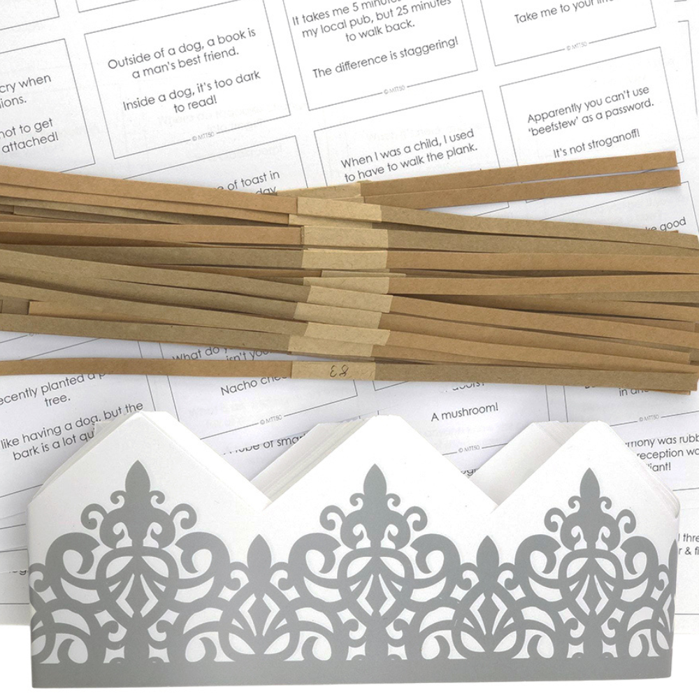 Silver Adjustable Paper Hats, Jokes & Optional Snaps DIY Cracker Accessory Pack - Picture 2 of 7
