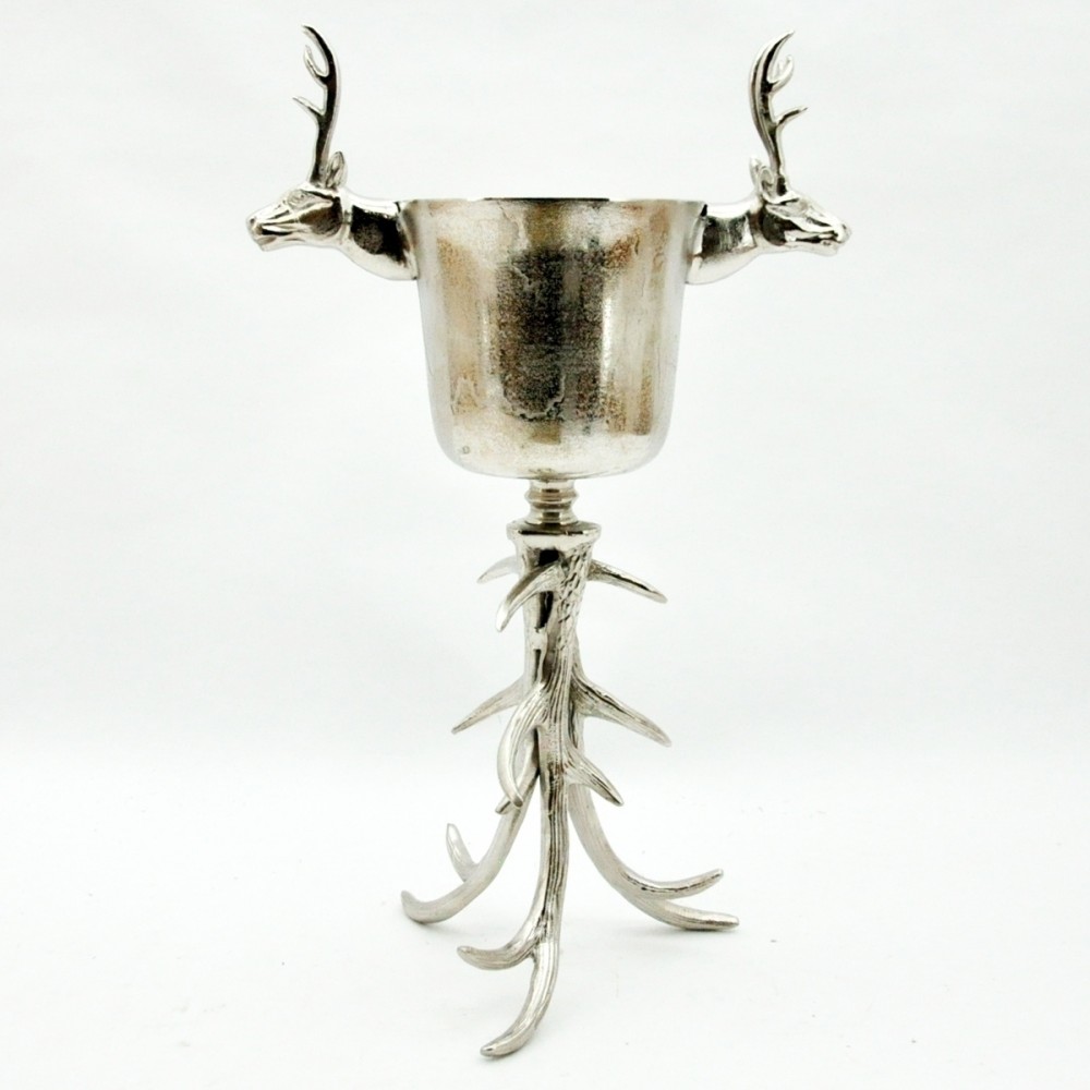 Silver Floor Standing Wine/Champagne Cooler Stag Ice Bucket on Antler
