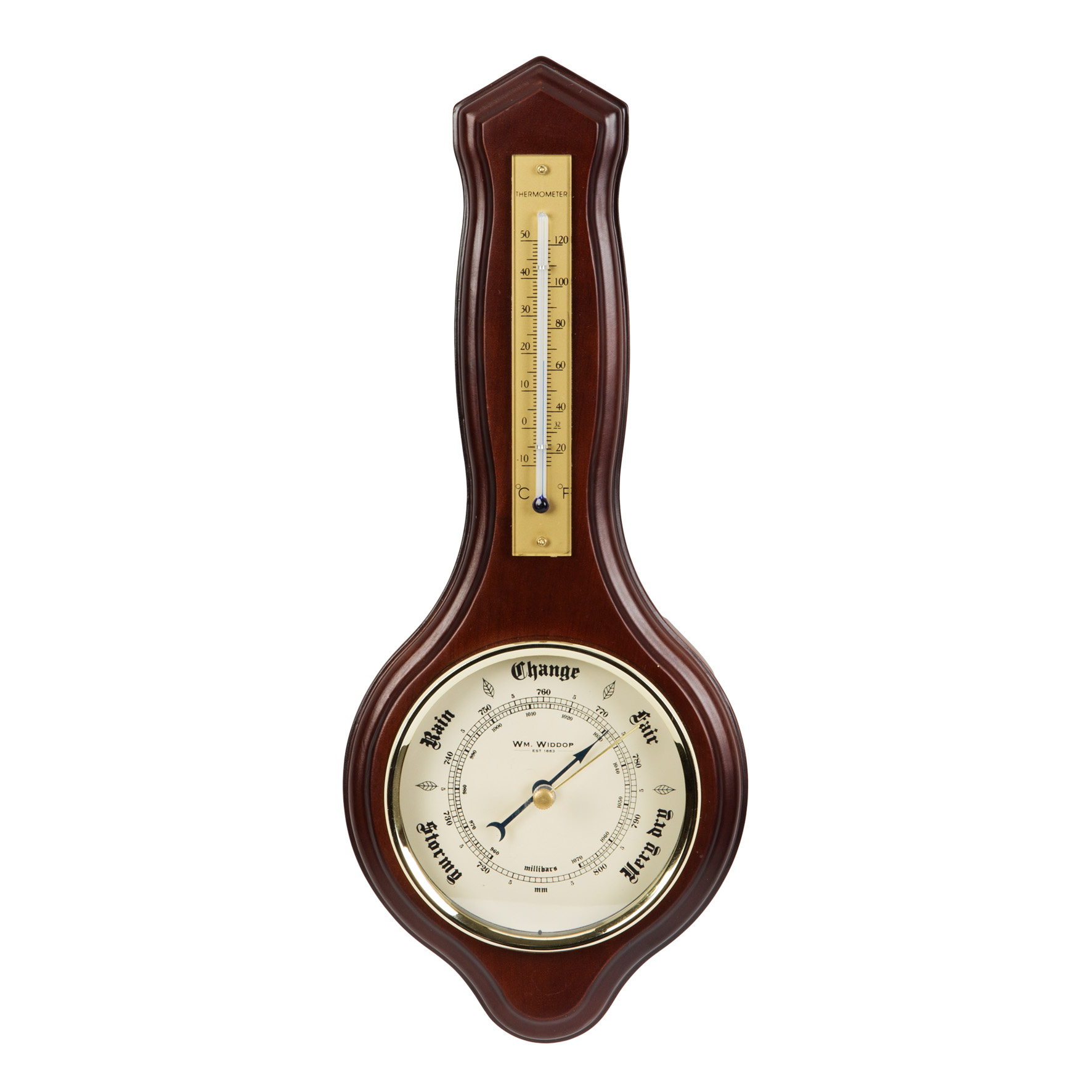 Banjo Style Wooden Wall Barometer and Thermometer Mahogany 34cm