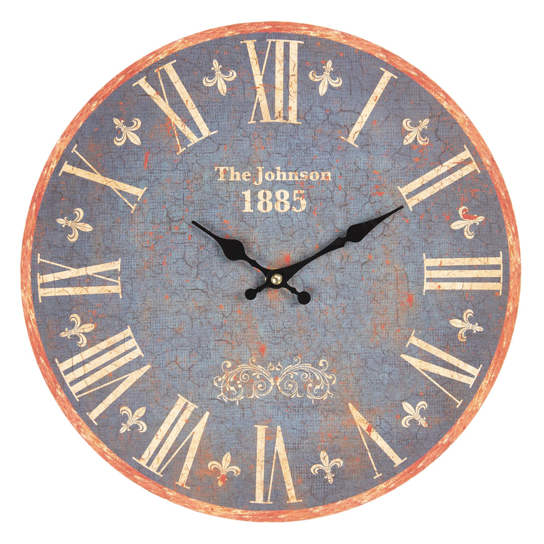 Vintage Style Round Wall Clock Blue Roman Numerals Distressed Wood Effect 34cm 5060772200010 Ebay