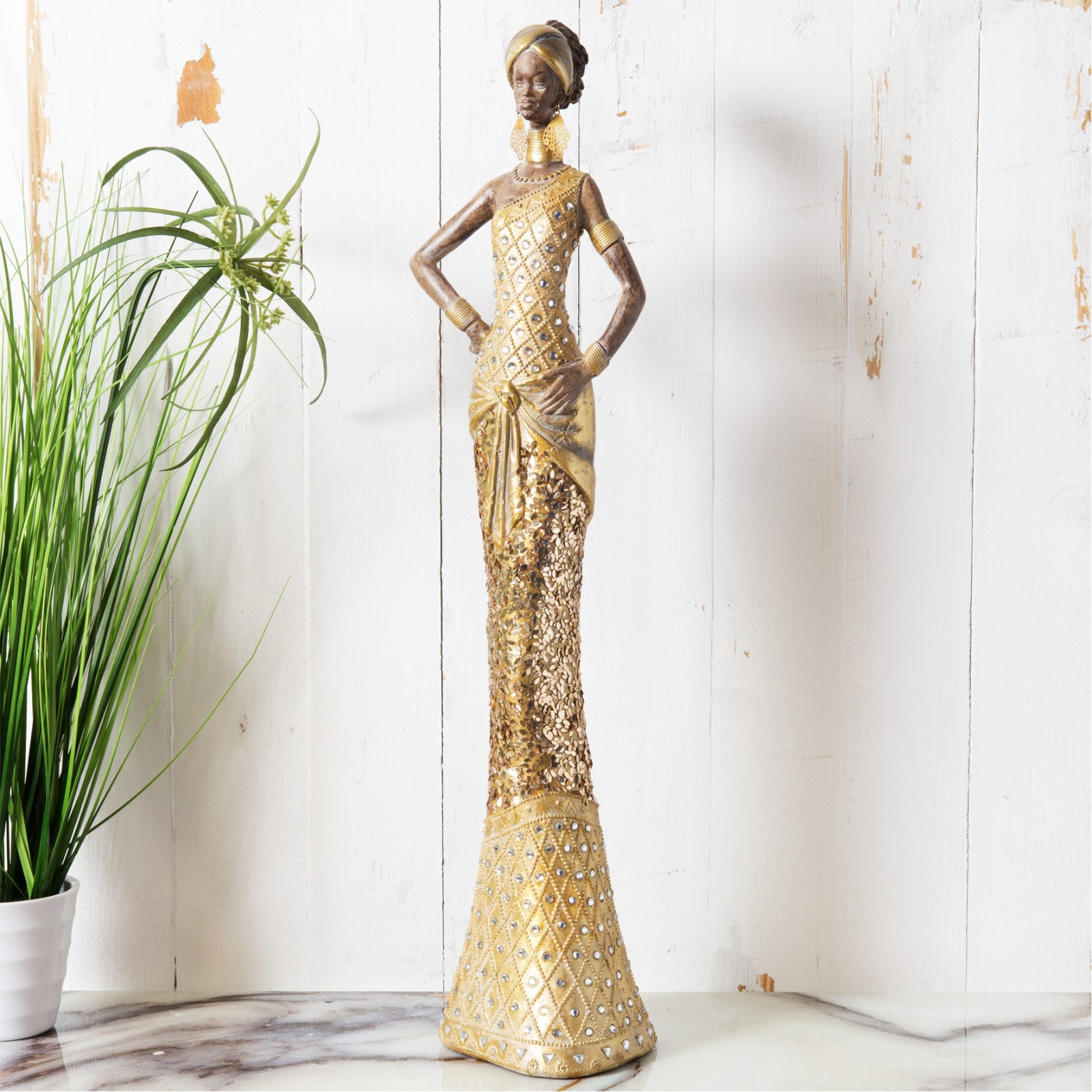 Tall Elegant African Lady Figurine Ornament Statue Gold Dress 51cm