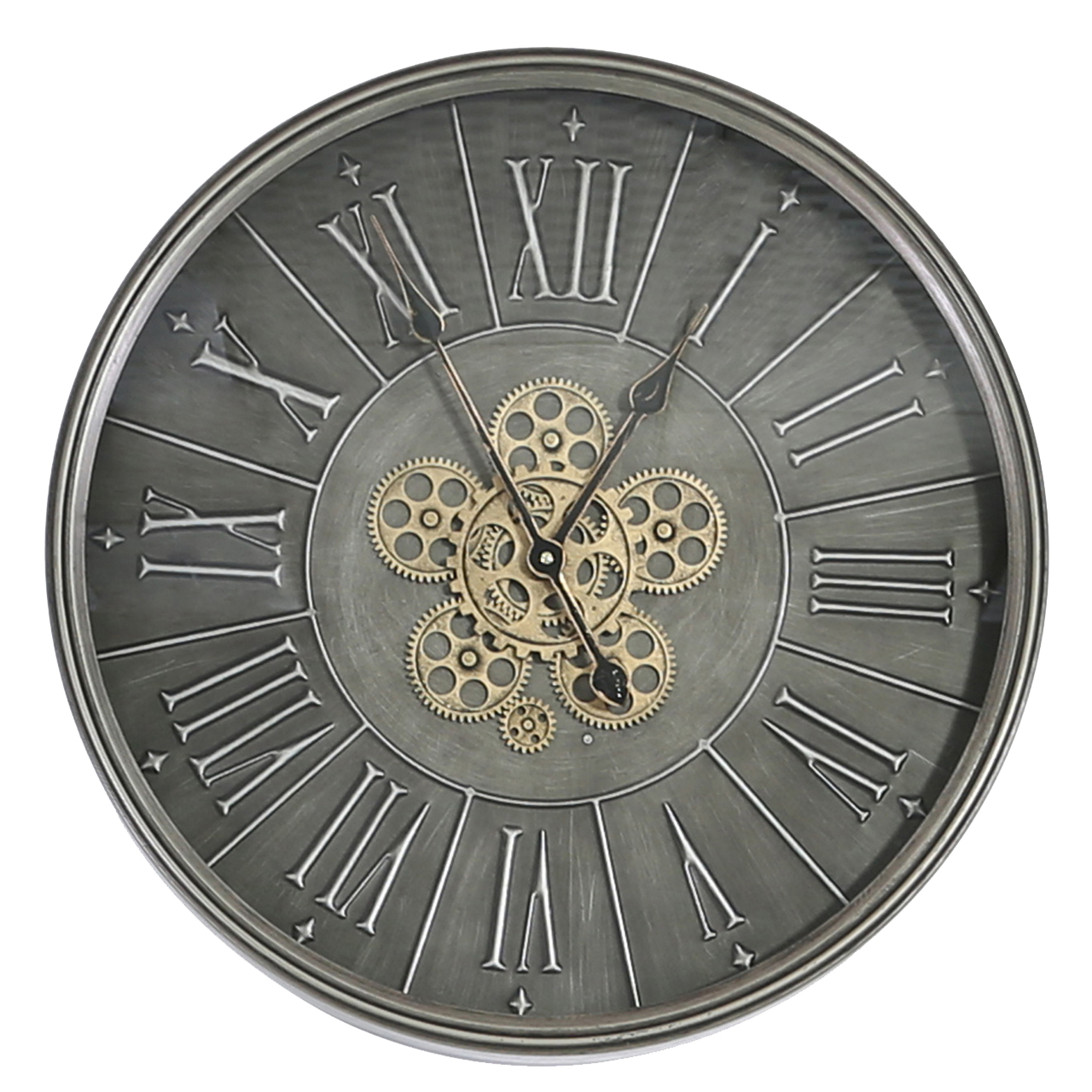 Large 60cm Wall Clock Dark Grey Chrome Metal Moving Gears Roman Numerals Ebay