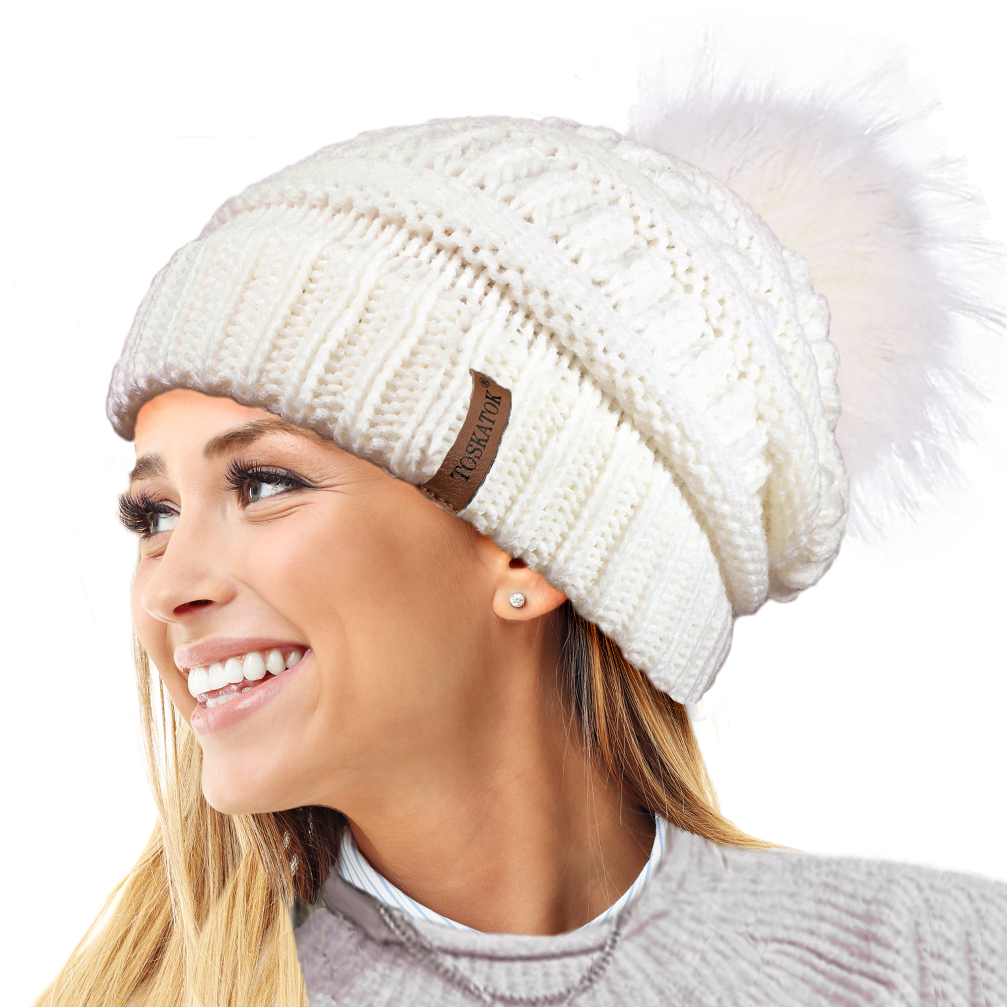 New Ladies Cable Knitted Ski Hat with Large Detachable Faux Fur Pom Pom 