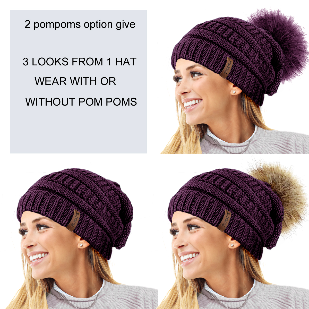 LADIES WOMENS WARM WINTER CHUNKY KNITTED BEANIE BOBBLE HAT DETACHABLE POMPOM 