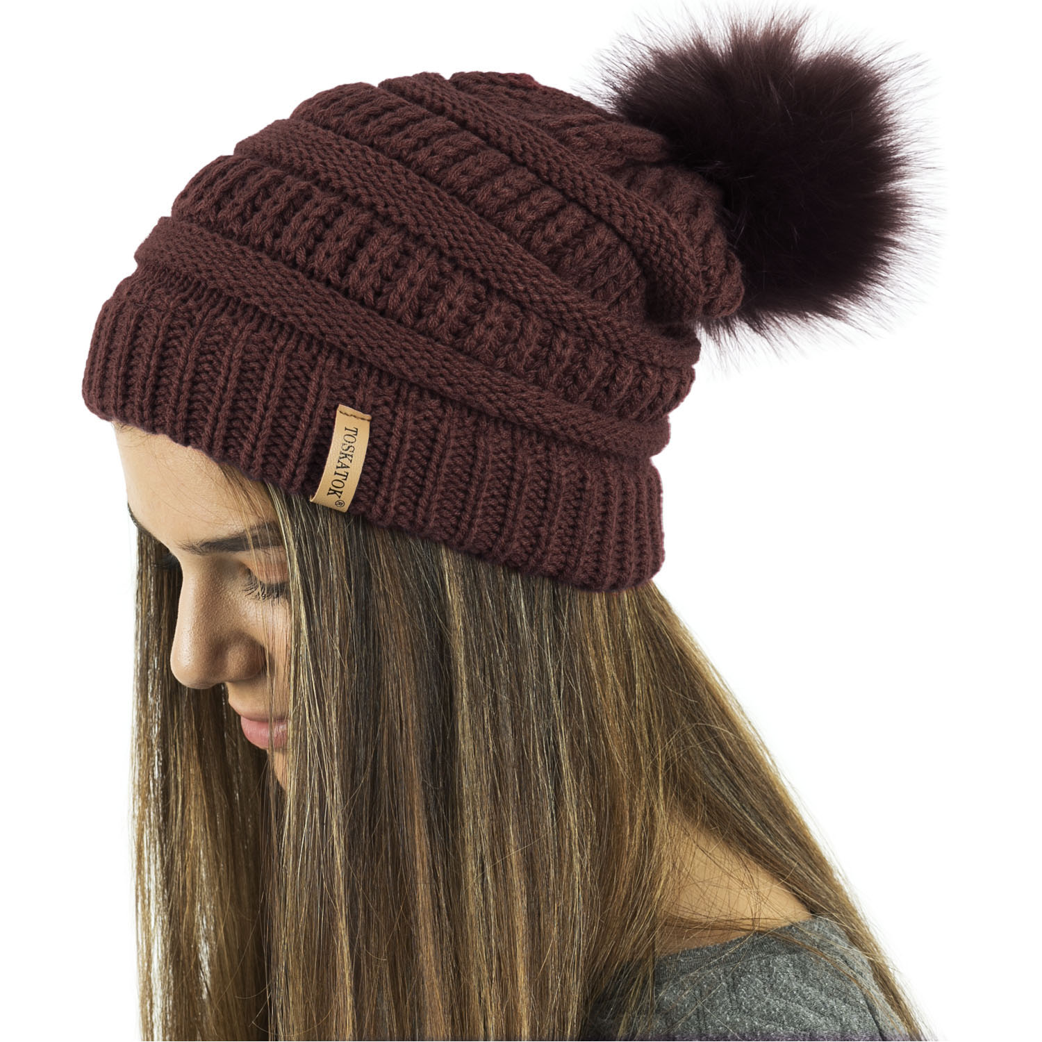 womens winter hat with fur pom pom