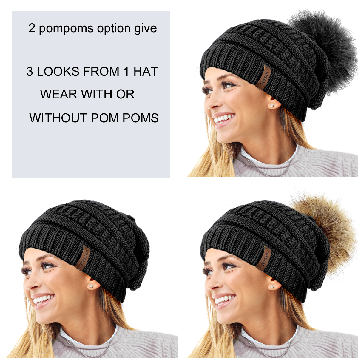TOSKATOK®Womens Warm Winter Hat Woolly Knitted Beanie with Detachable Chunky Faux Fur Bobble Pom Pom