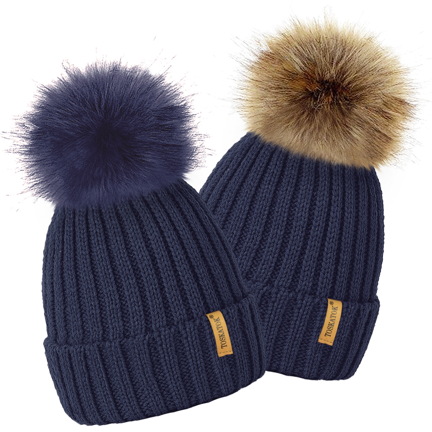 TOSKATOK®Womens Warm Winter Hat Woolly Knitted Beanie with Detachable Chunky Faux Fur Bobble Pom Pom