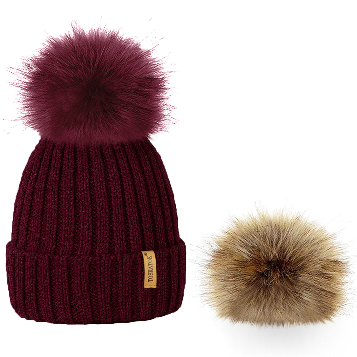 fur hats pom pom interchangeable INTERCHANGEABLE KNIT LADIES BEANIE WINTER WOMENS HAT RIB