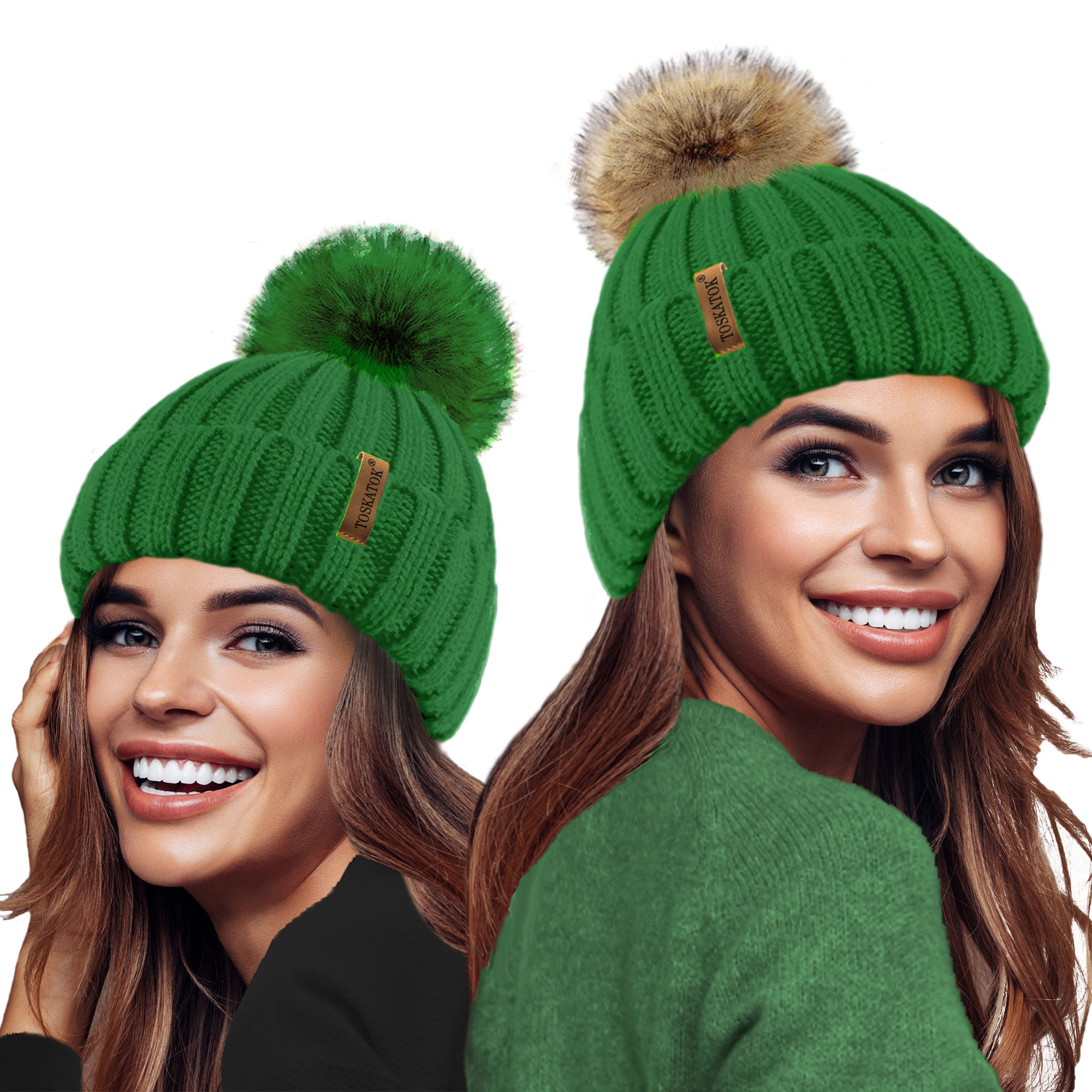 green fur bobble hat