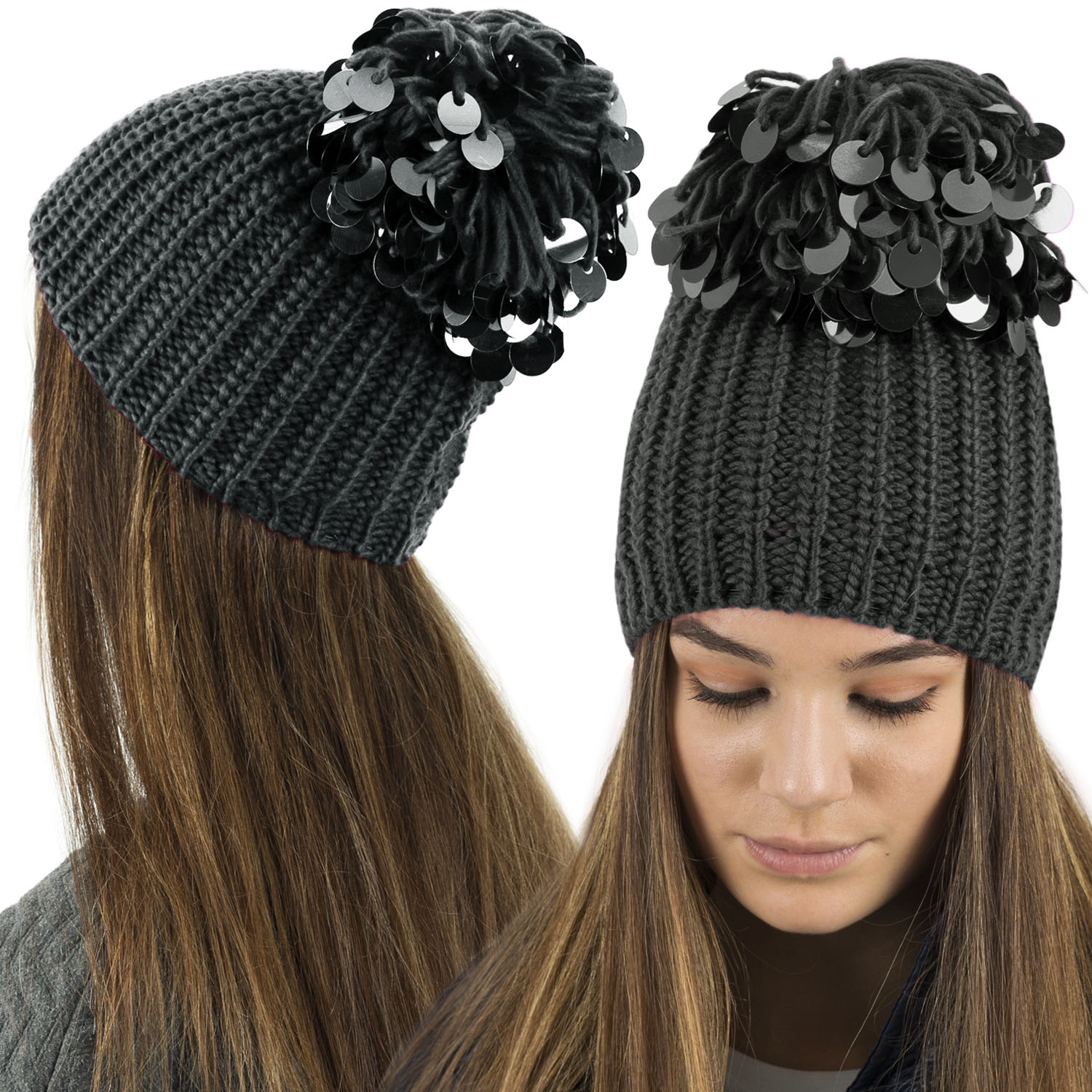 black sequin pom pom hat