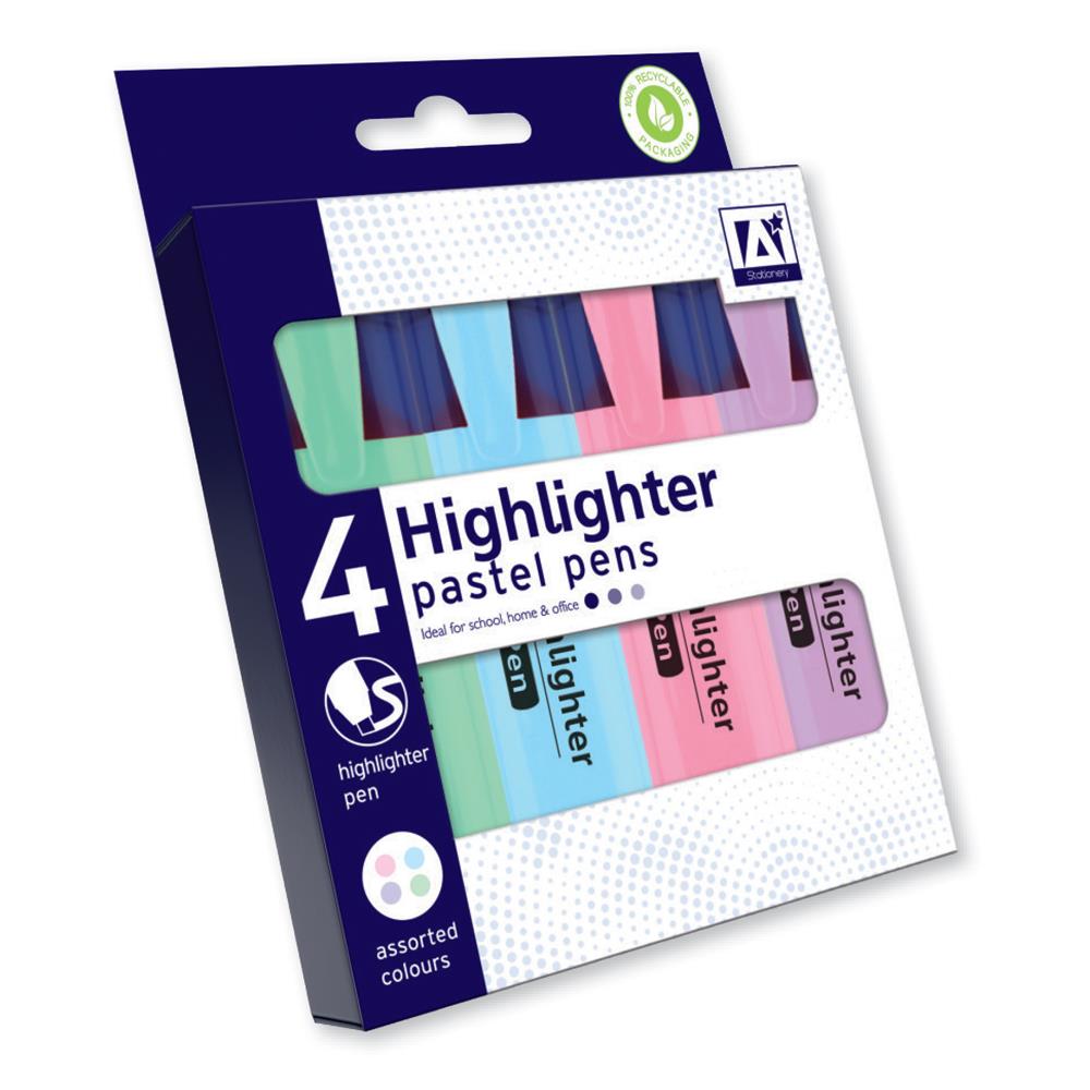 Pastel Highlighter Pens - 4 Pack Colour Pink Purple Blue Green Assorted School - 1