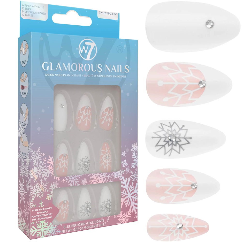 W7 Glamorous Nails - Snow Ballin' Shiny False Fake Stick On Glue Included French - 1