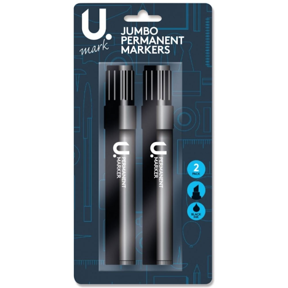 Jumbo Permanent Markers - 2 Pack Black Ink Bold Pens School Office Writing - 1