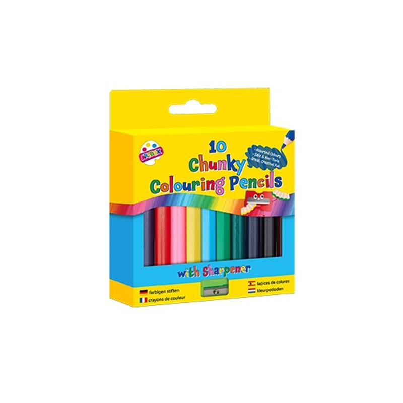 10 Chunky 1/2 Size Colouring Pencils & Sharpener - Bright Non Toxic Colourful - 1