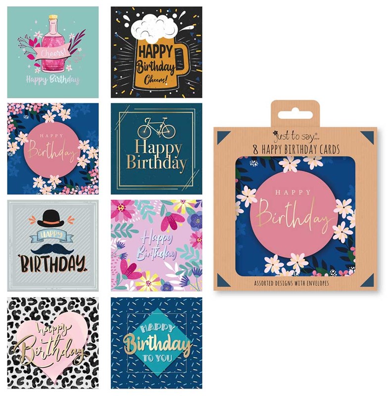 Adult Birthday Cards - 8 Pack Celebration Envelopes Included Men Women Design - 1