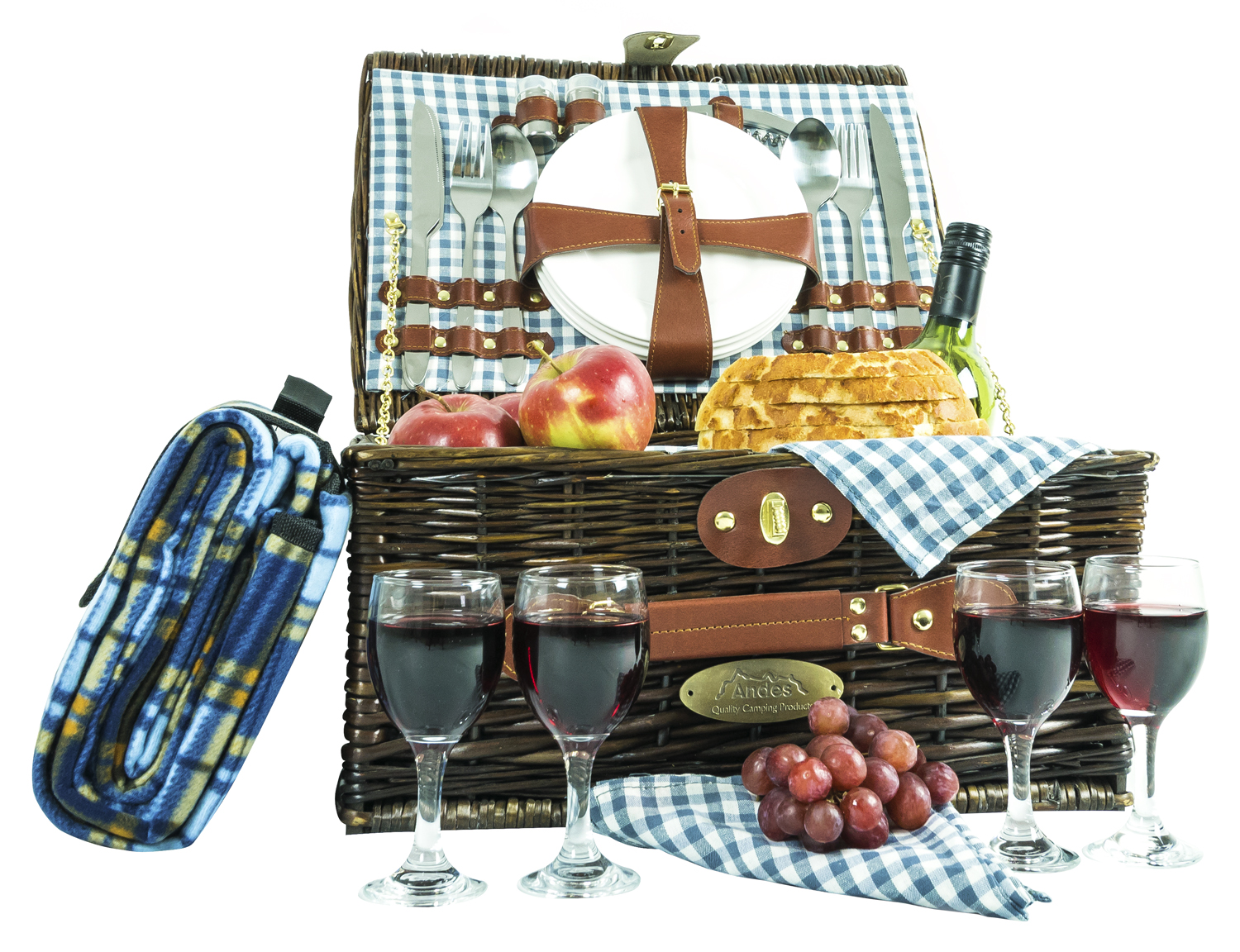 Andes 4 Person Luxury Wicker Basket Outdoor Picnic Hamper Set with Rug