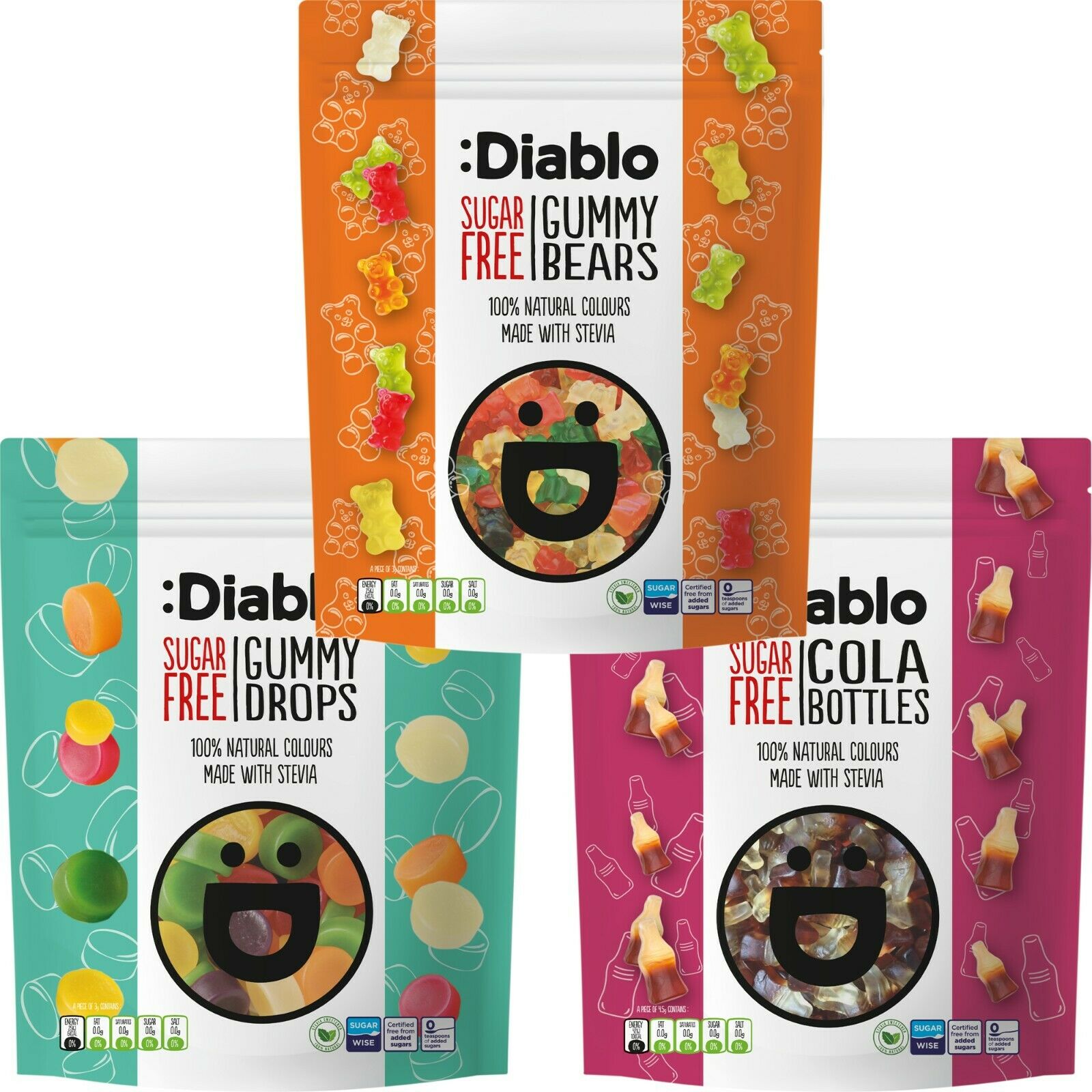 3 x Diablo Diabetic Sugar Free Gummy Drops / Cola Bottle / Bears 75g ...