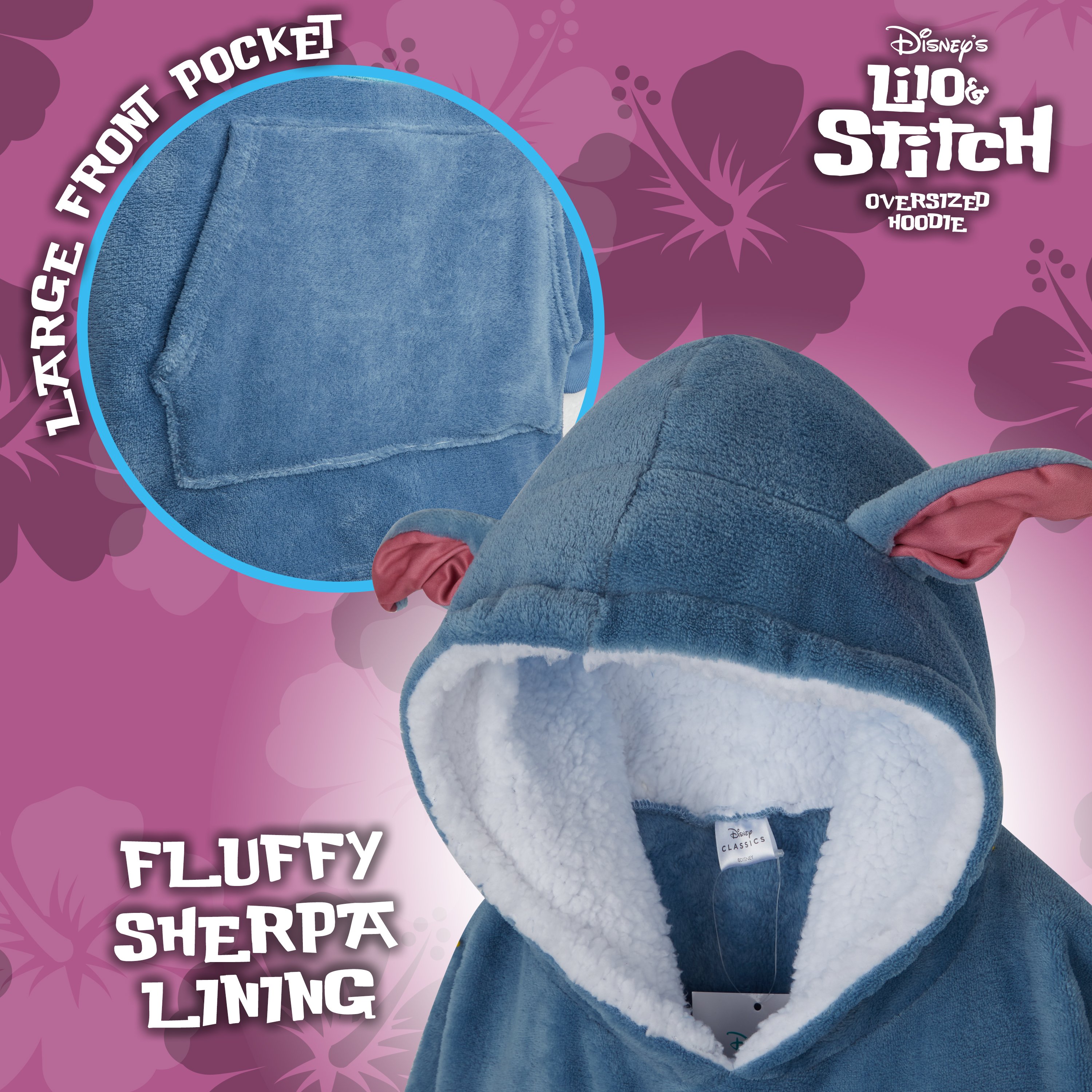 Disney Official Stitch Oversized Hoodie, Easy to Wash Stitch Pullover  Hoodie, Fluffy Sherpa Fleece Stitch Hoodie